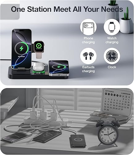 Miniatura 3 de Estación de carga magnética plegable para dispositivos Apple, soporte de cargador inalámbrico de 30 W con reloj y luz nocturna, cargador rápido