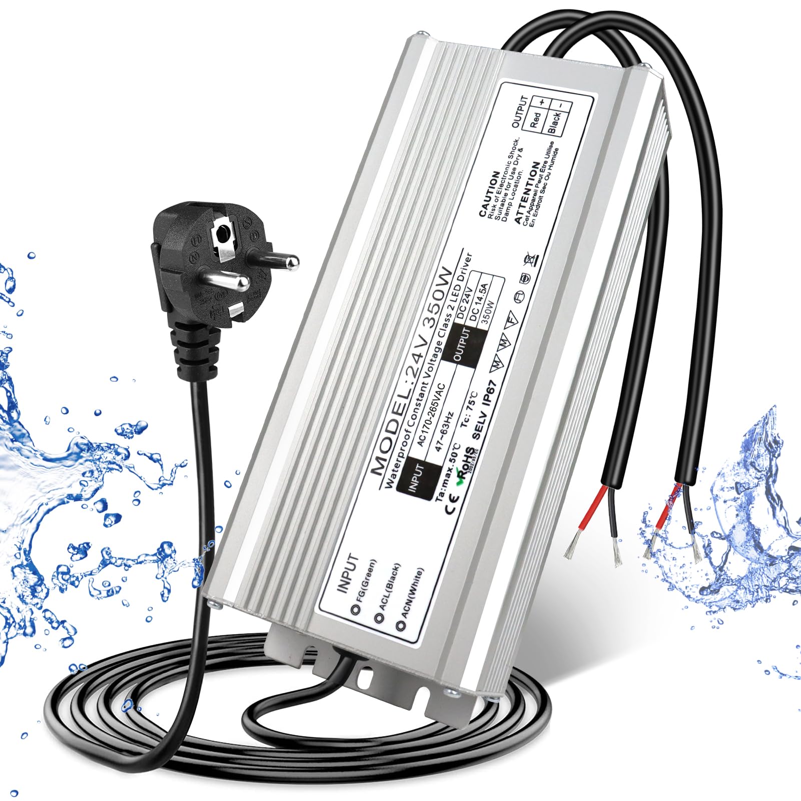 Trasformatore LED 24 V 350 W IP67, trasformatore impermeabile per esterni, con spina, alimentatore di rete, driver da 230 V a DC 24 Volt, adattatore LED Driver esterno per luci LED