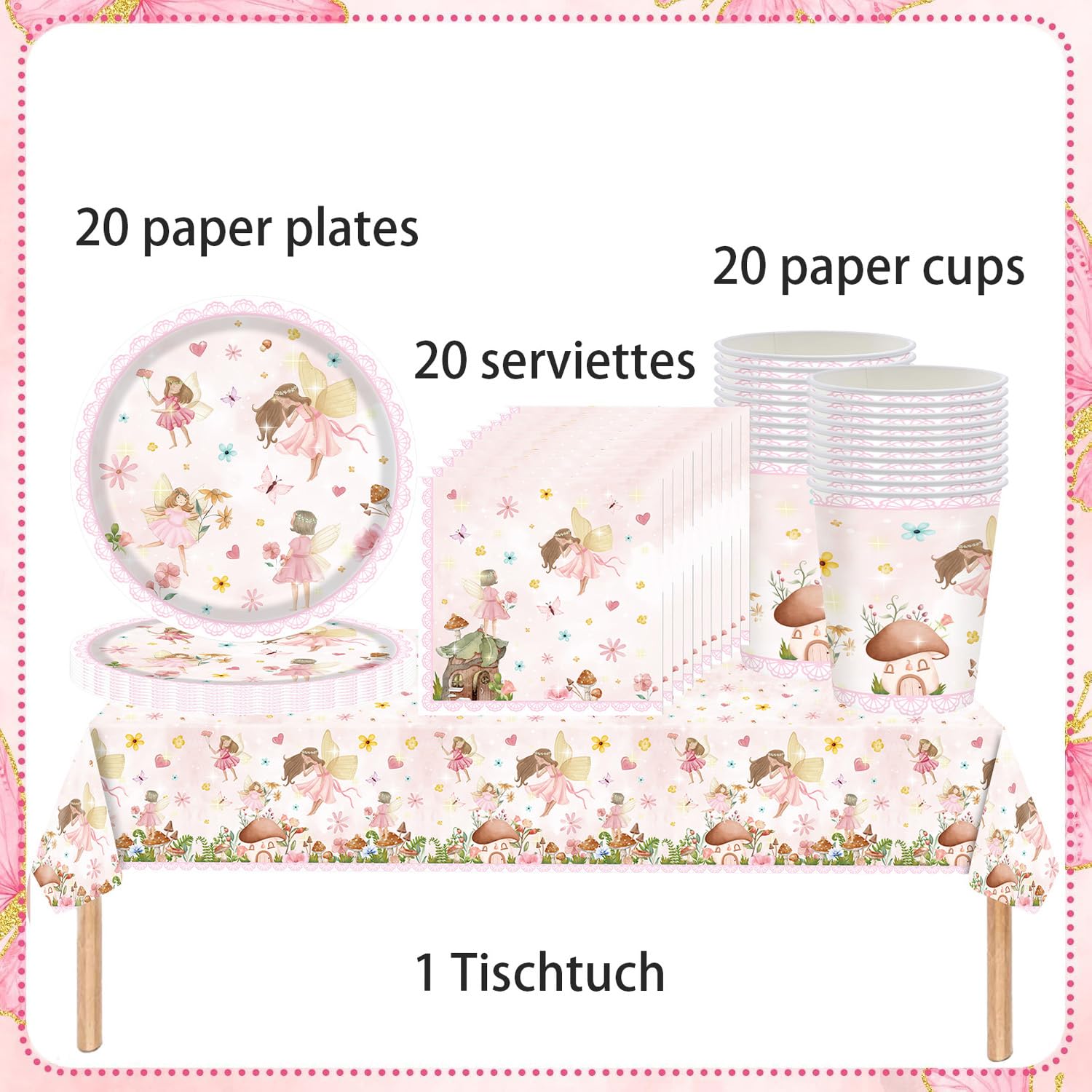 pekifaves Fee Vlinder Partyserviesset voor 16 gasten, feeënfeestborden, kartonnen borden, vlinder, verjaardag, servies, kinderverjaardag, papieren bekers, servetten, voor meisjes, decoratie