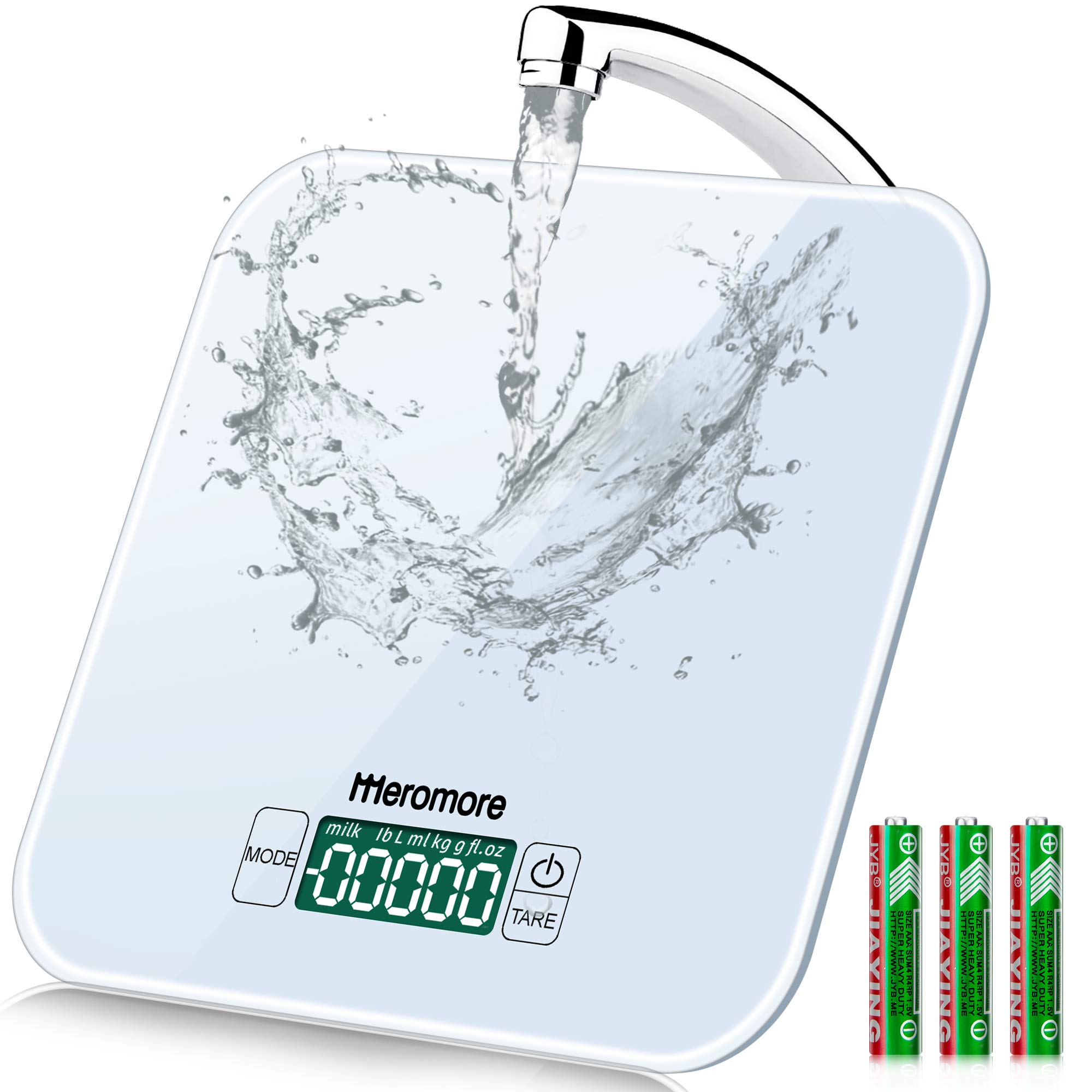 White Digital Kitchen Food Scales 15kg/33lb, Meromore Food Scale with Tempered Glass Electronic Weighing Scales with Backlit LCD Display for Home and Kitchen