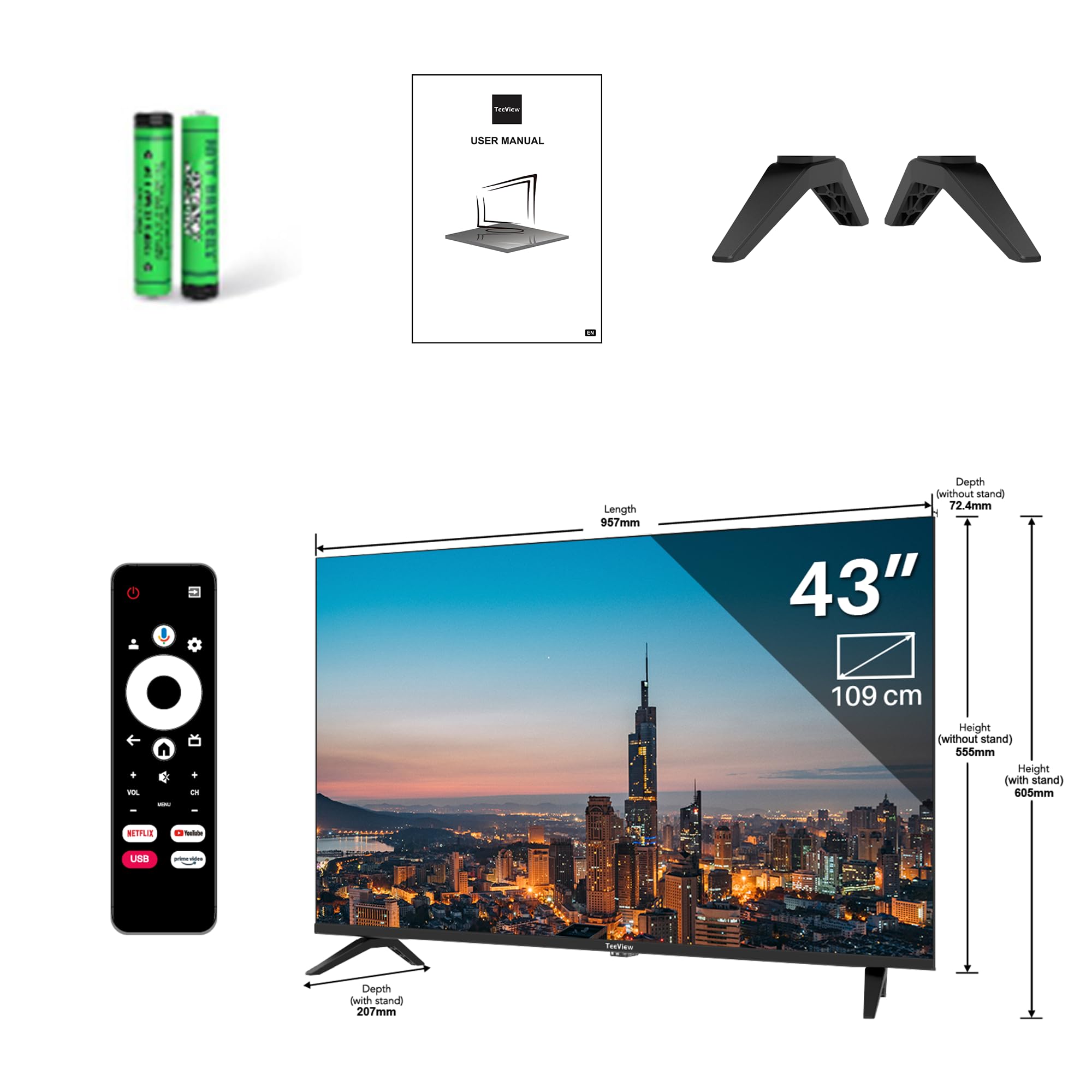 TEEVIEW Google Smart TV | QLED 4K UHD | 43”/110cm | Frameless Design | Tripple Tuner DVB-T/T2/S/S2/C | HDMI x3, USB x2, CI+ | Sprachsteuerung & Streaming-Apps | In Eindhoven montiert | TV43QQG-EU