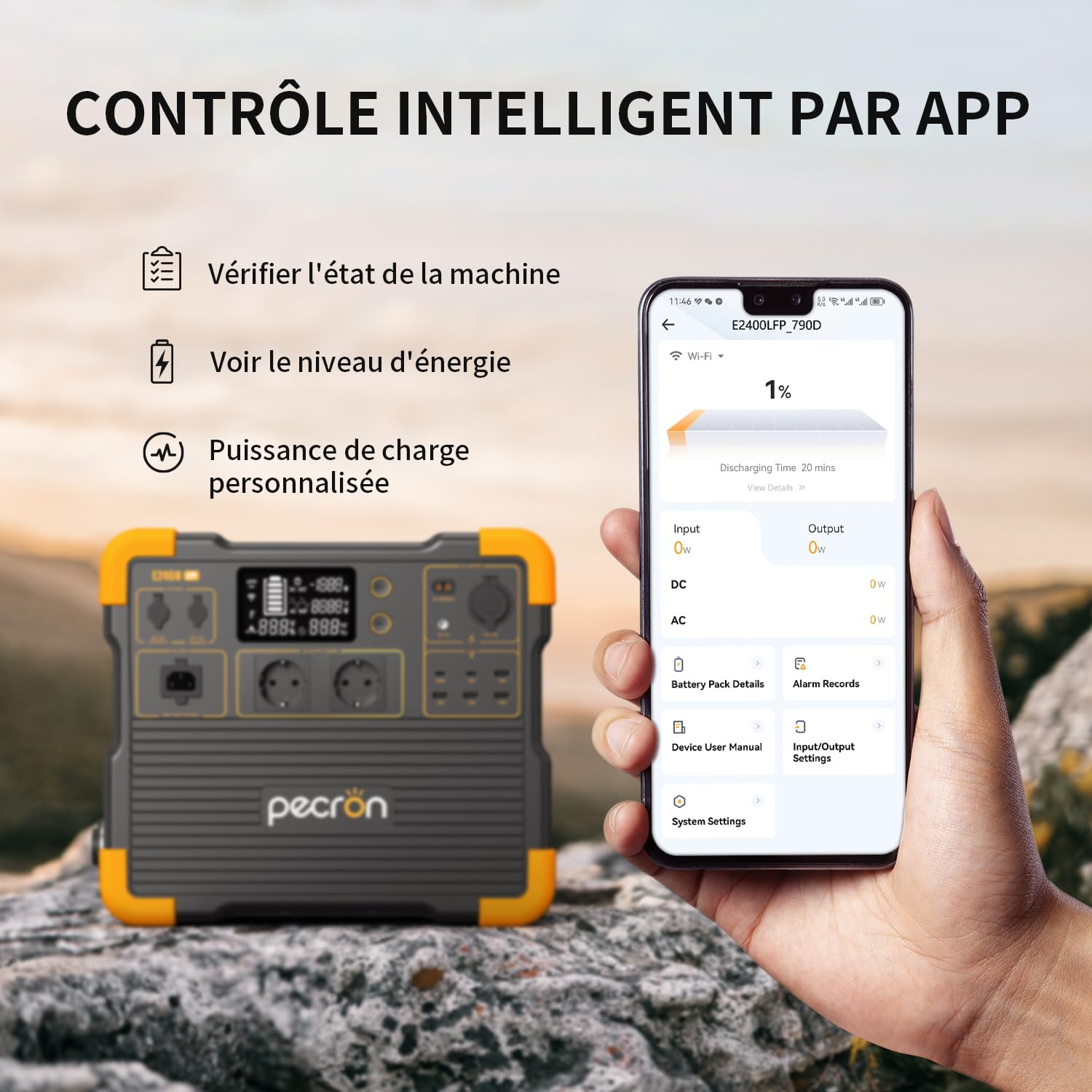 Station d’énergie portable PECRON E2400LFP – 2 048 Wh LiFePO4 (extensible à 8 192 Wh), 2 400 W de puissance continue, charge ultrarapide en 1,5 h, idéale pour secours électrique, camping et vanlife.