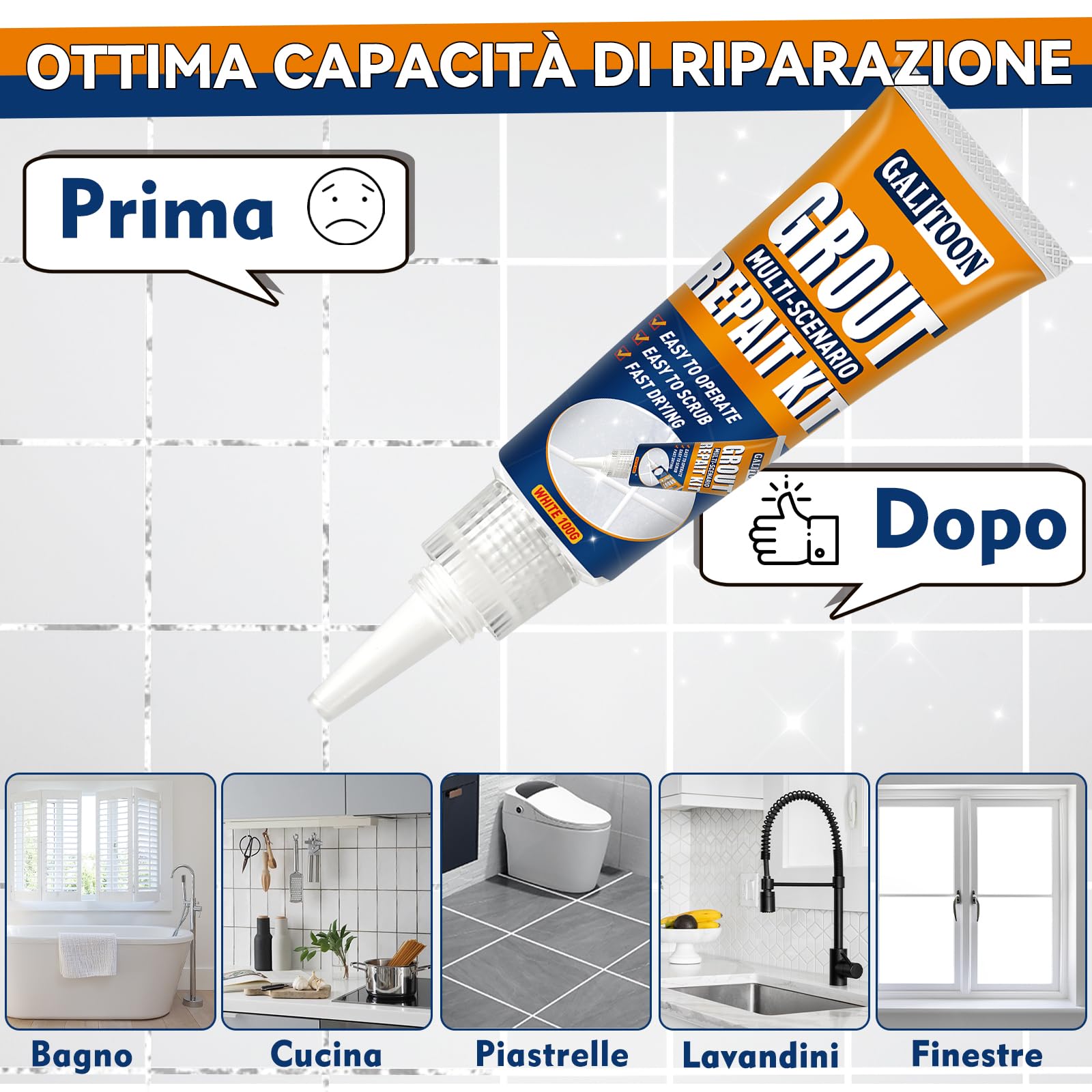 Riparazione Fughe Piastrelle, Kit Ad Asciugatura Rapida Riparazione Fughes Piastrelles, Ripristino Fughe Piastrelle Bagno Doccia Cucina Pavimento Piastrelles Vernice (Bianco, 200G)