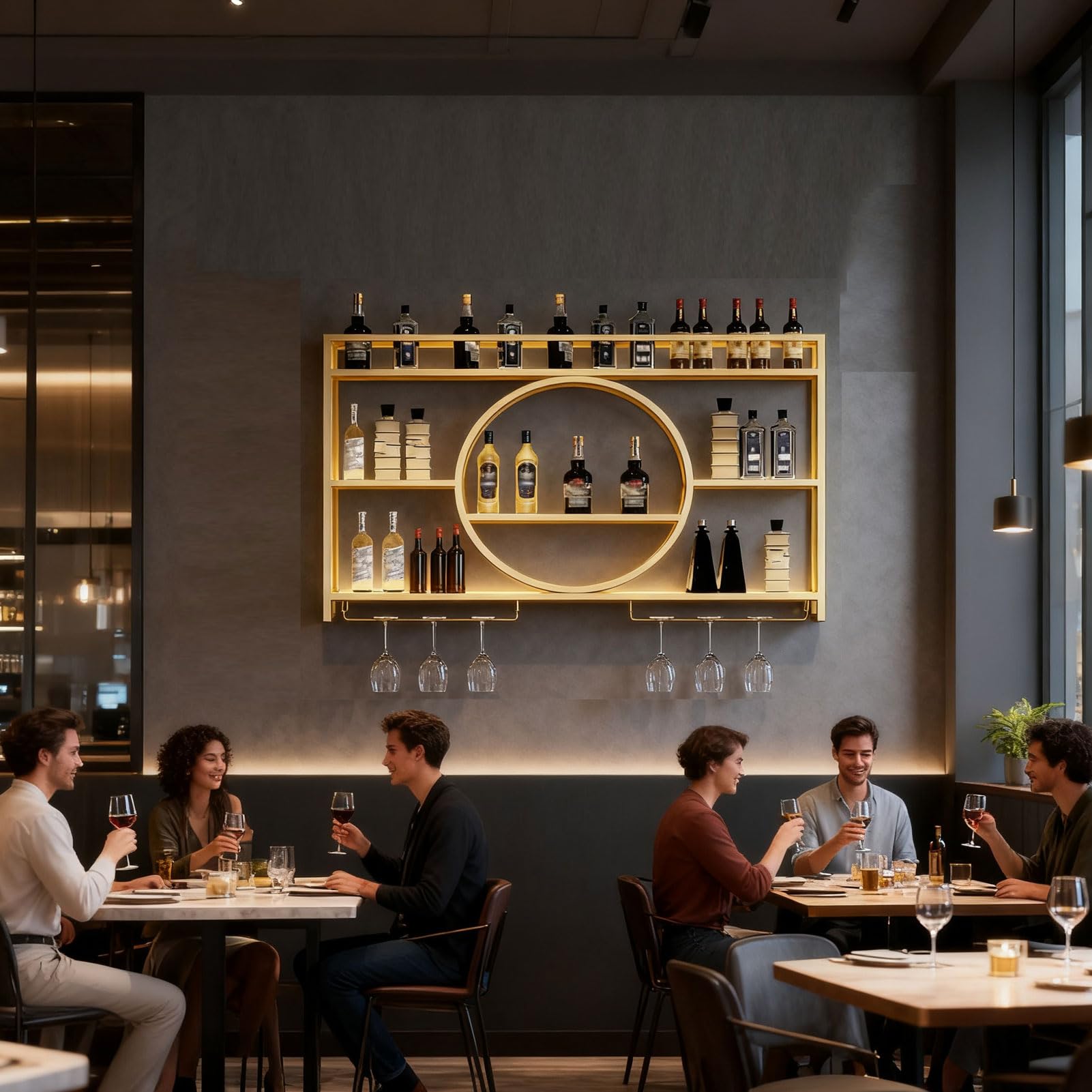 Botellero Metal Oro Pared Bar Estante Colgante Muebles 100 * 15 * 80 cm | Wandbar Flaschenregal Weinregal mit Glashalter Barregal Wand Deko Wandmontage Weinregale Schnapsregal für Küche Restaurant