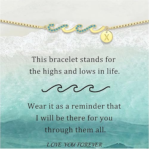 Dainty Gold Bracelet with Initials, Gifts for Women Initial Bracelets for Women Mom Gift Teen Gifts Trendy Stuff Wave Bracelet Grandma Graduation Gifts for Her 2025 Daughter Friend Letter A-Z Birthday Christmas Jewelry