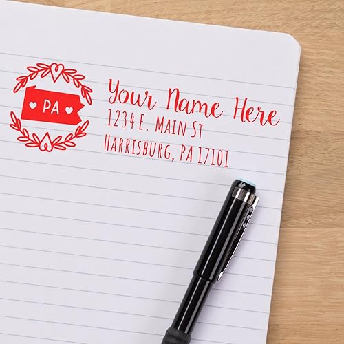 Miniatura 205 de State Love - Sello de dirección autoentintado para Texas, caja rosa, púrpura o negra, impresiones limpias y nítidas, diseño rectangular, tamaño 7/8