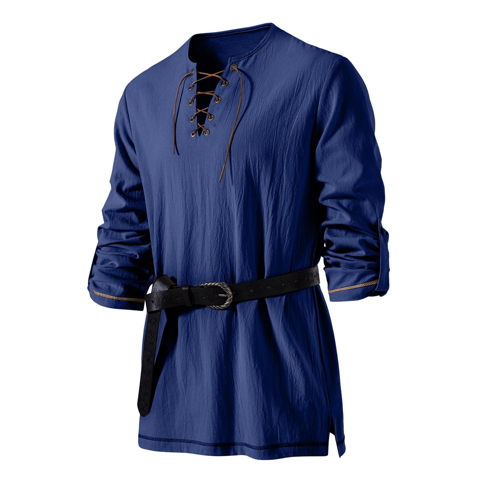 Cocila Men's Medieval Viking Pirate Renaissance Shirt with Belt Halloween Retro Shirts Cotton Linen Drawstring Vintage Cosplay Tops Loose Lace Up Shirts Navy L