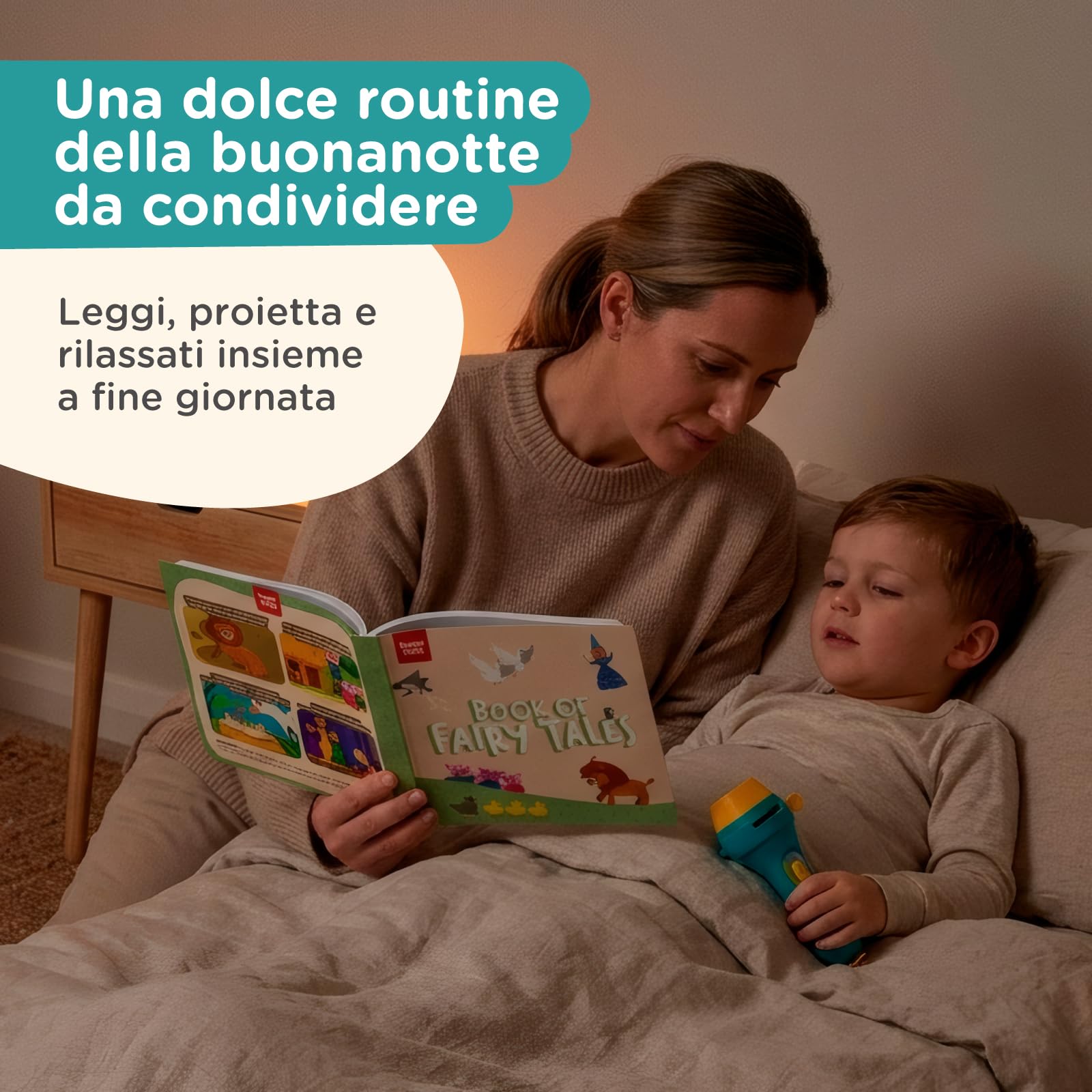 Nene Toys Libro di Fiabe con Proiettore a Torcia & Marionette delle Ombre per Bambini dai 3 Anni in su – 4 Storie Classiche in 5 Lingue, Set per la Lettura della Buonanotte