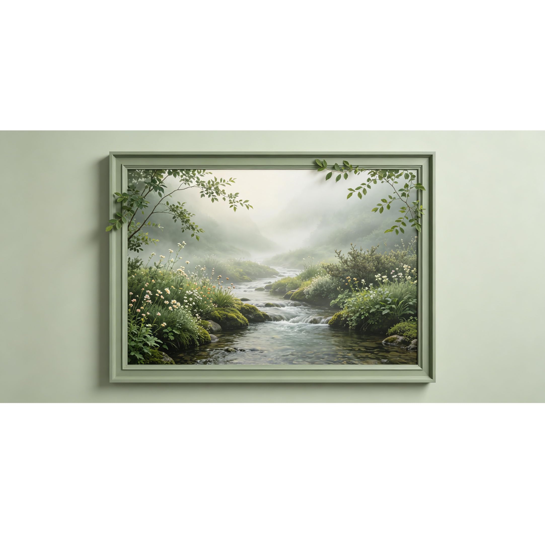 Agglomerix 3D Framed Wall Art Mist Mountain Stream Landscape Forest Botanical Textured Large Size SelfAdhesive Removable Wall Decor Prints Artwork for Living Room Bedroom Office