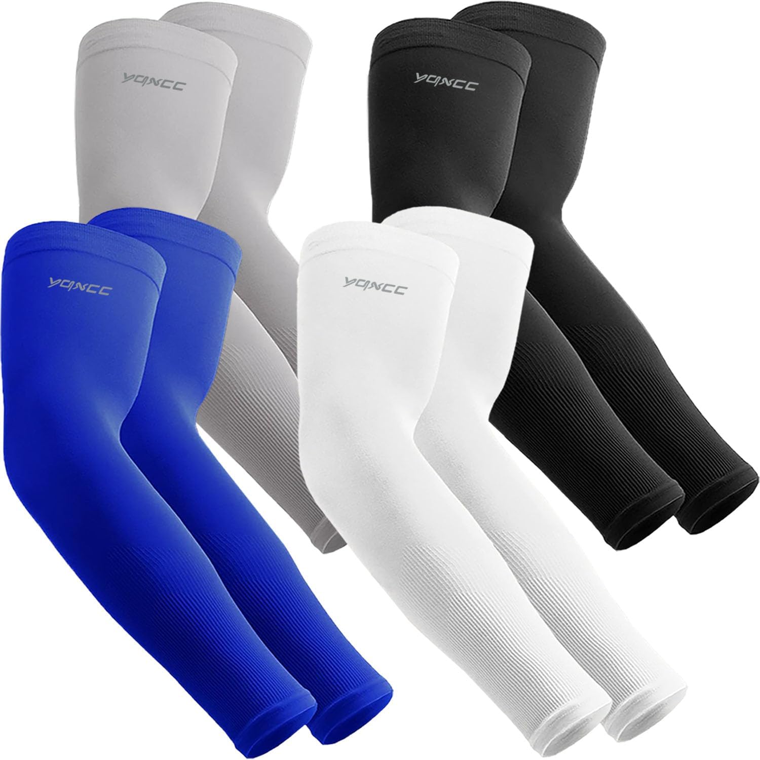YQXCC 4 Pairs UV Sun Protection Arm Sleeves for Men & Women - Tattoo Cover Up - UPF 50 Sports Compression Cooling Arm Sleeve, 1 Pair Black/ 1 Pair White/1 Pair Blue/ 1 Pair Gray, One Size