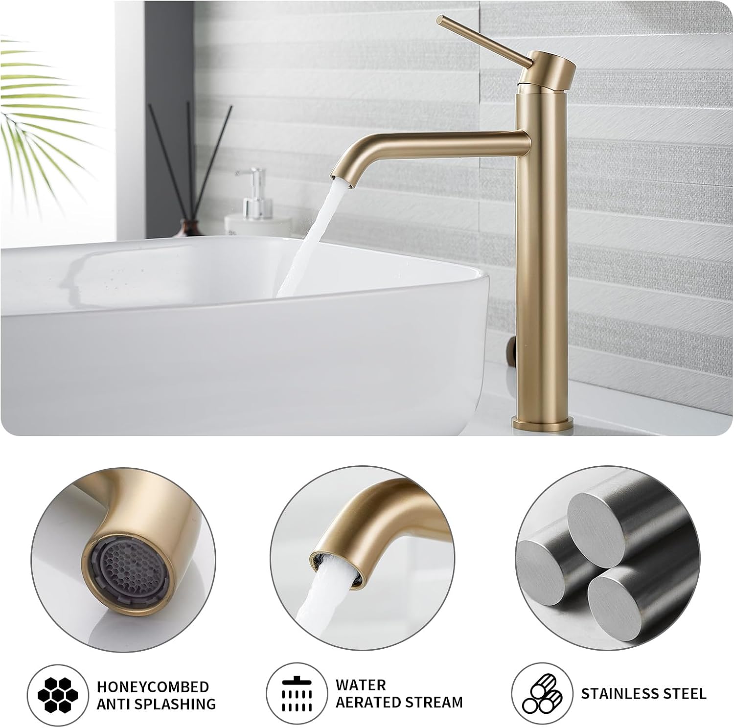 Bathroom Vessel Faucet One Hole Brushed Gold, 11.14 inch Tall Single Handle Bwol Sink Faucet Stainless Steel with Pop Up Drain Lavatory Mixer Tap Water Supply Hose Guest Bath Kit Luxury Stylish