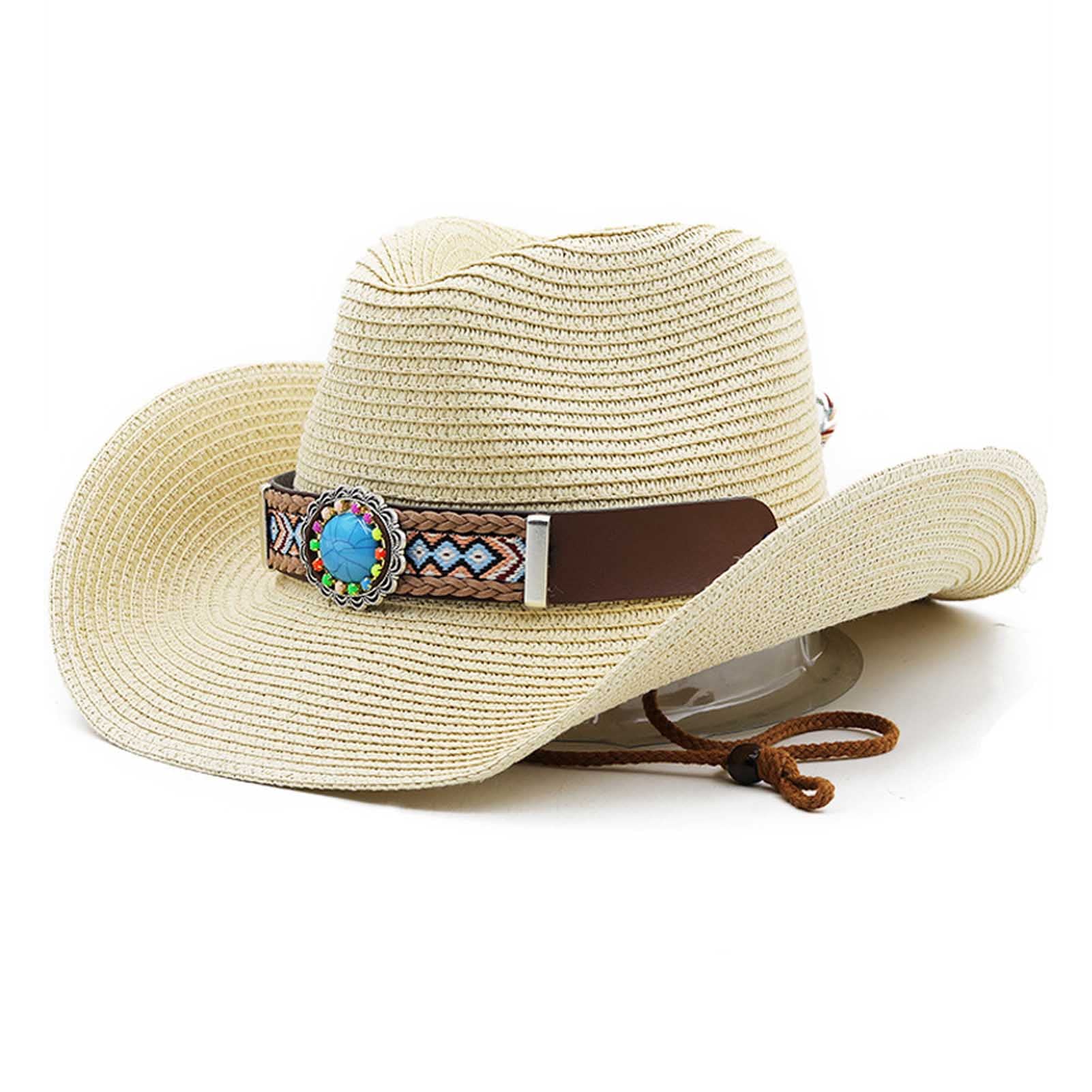 Generic Sombrero de Cowboy/Cowgirl Unisex Gorros de Paja Panamá Sombrero Vaquero Occidental con Cinturón, Sombrero de Playa de Verano, Sombrero de Sol de ala Ancha para Hombre Mujer