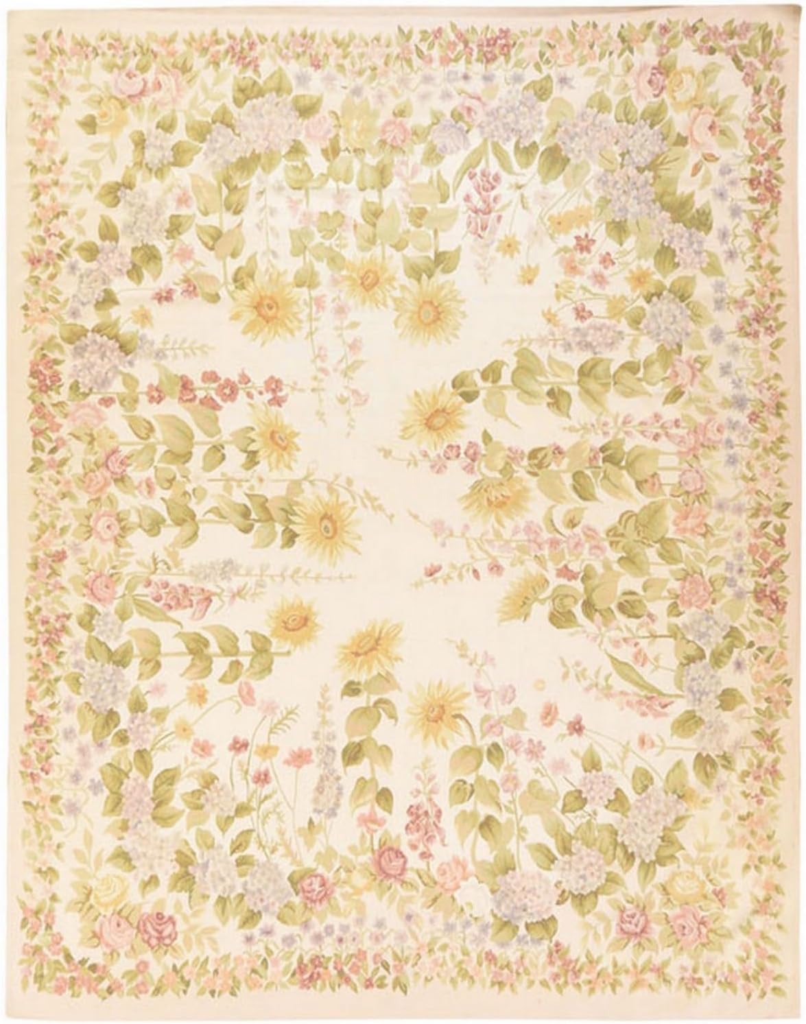 Flat Weave Hand Woven Wool Aubusson Area Rug, Cream White, Floral Botanical Pattern, Shabby Chic European Style, 8' x 10'2