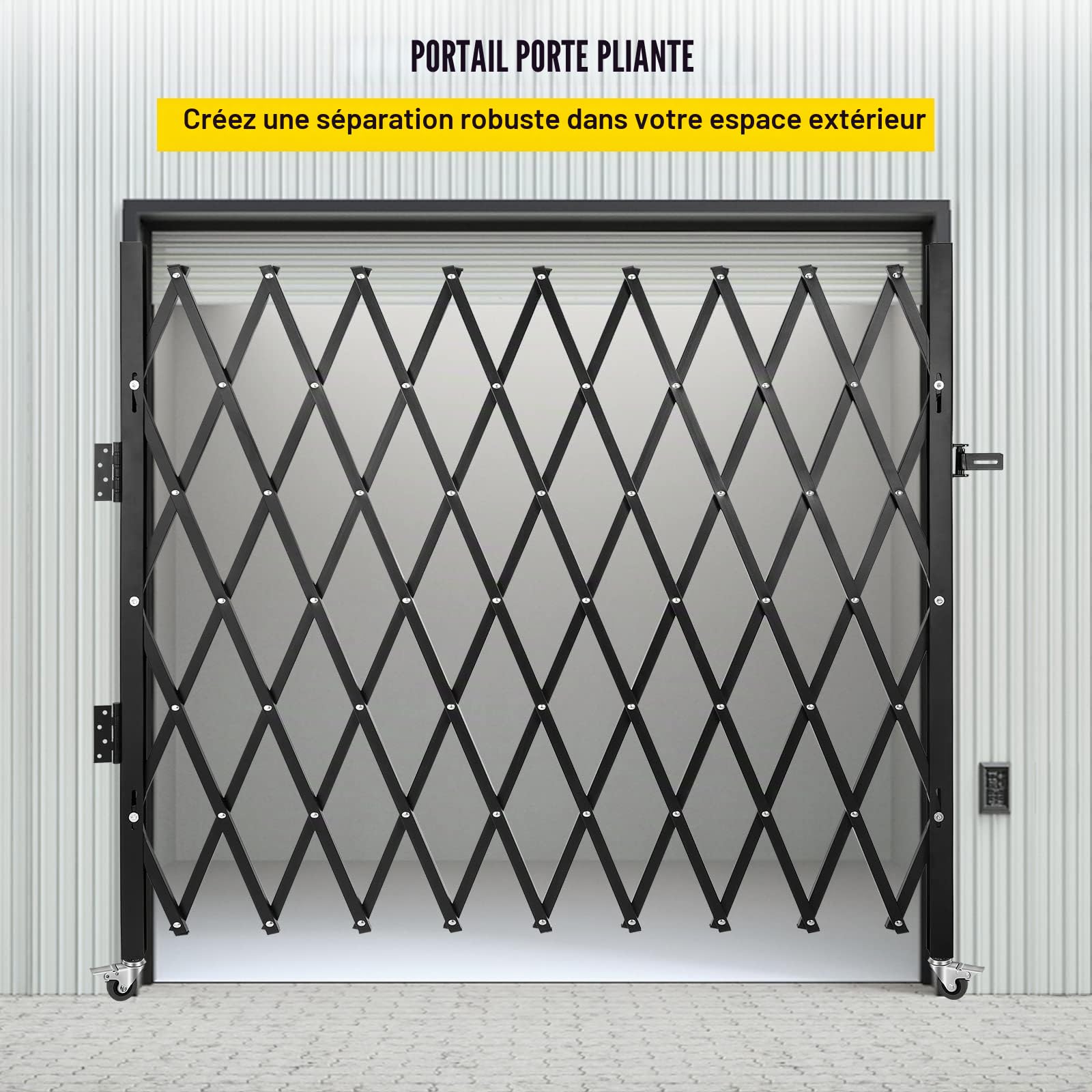 VEVOR Barrière de Sécurité Extensible Pliante Simple, 2,21 m H x 2,4 m L, Clôture d’Escalier en Acier, Roulante à 360°, Barrière à Ciseaux ou Porte avec Cadenas, pour Maison sous-Sol Garage, Noir