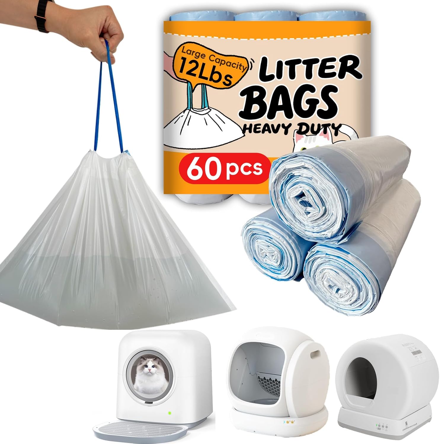 Cat Litter Box Liners Bag Fit For MW-SC01/MW-SC02/MW-LR01 Automatic Self Cleaning Cat Litter Box, Waste Bags, 18" x 12.6"Heavy Duty Replacement Trash Bags with Drawstring (White, 60 Counts)