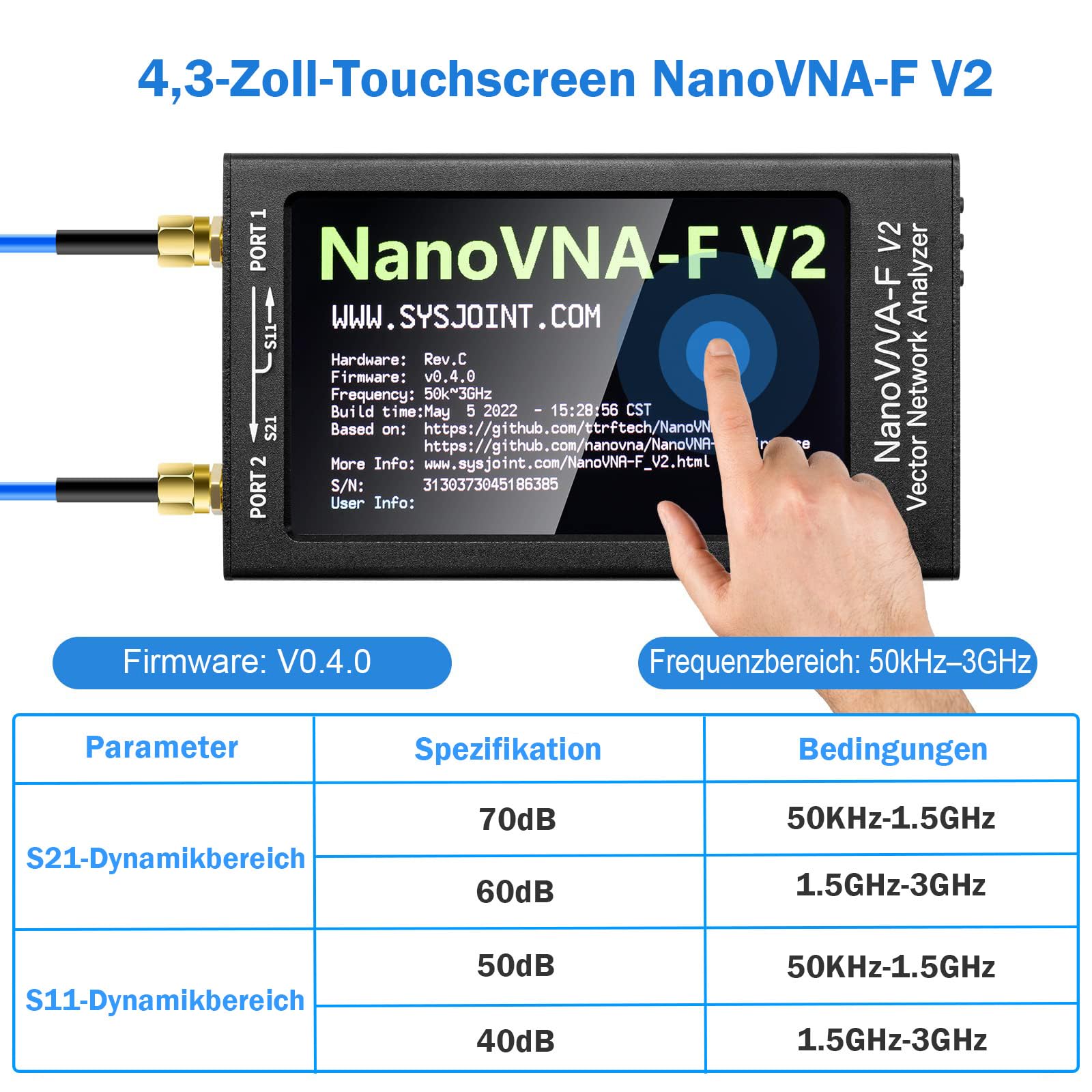 AURSINC NanoVNA-F V2 Vector Network Analyzer 4,3-Zoll 50KHz-3GHz HF VHF UHF VNA Antenna Analyzer, S-Parametermessung, SWR Spannung, Phase, Verzögerung, Smith-Diagramm