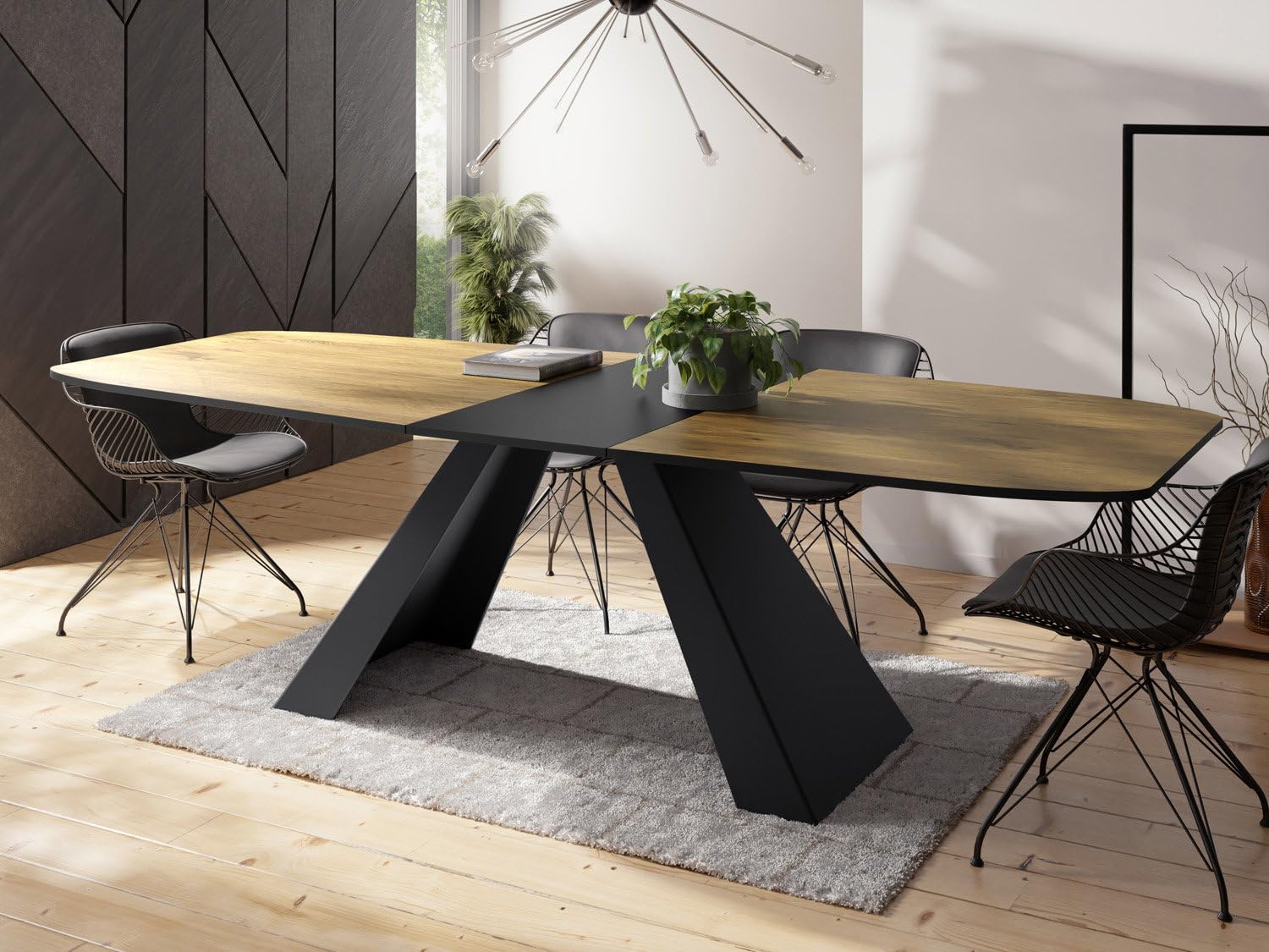 WFL GROUP Esstisch Monte im Modern Stil, Rechteckiger Tisch - Ausziehbar von 180 cm bis 220 cm, Pulverbeschichtete Schwarze Metallbeine - 180 x 90 cm - Lancelot Eiche