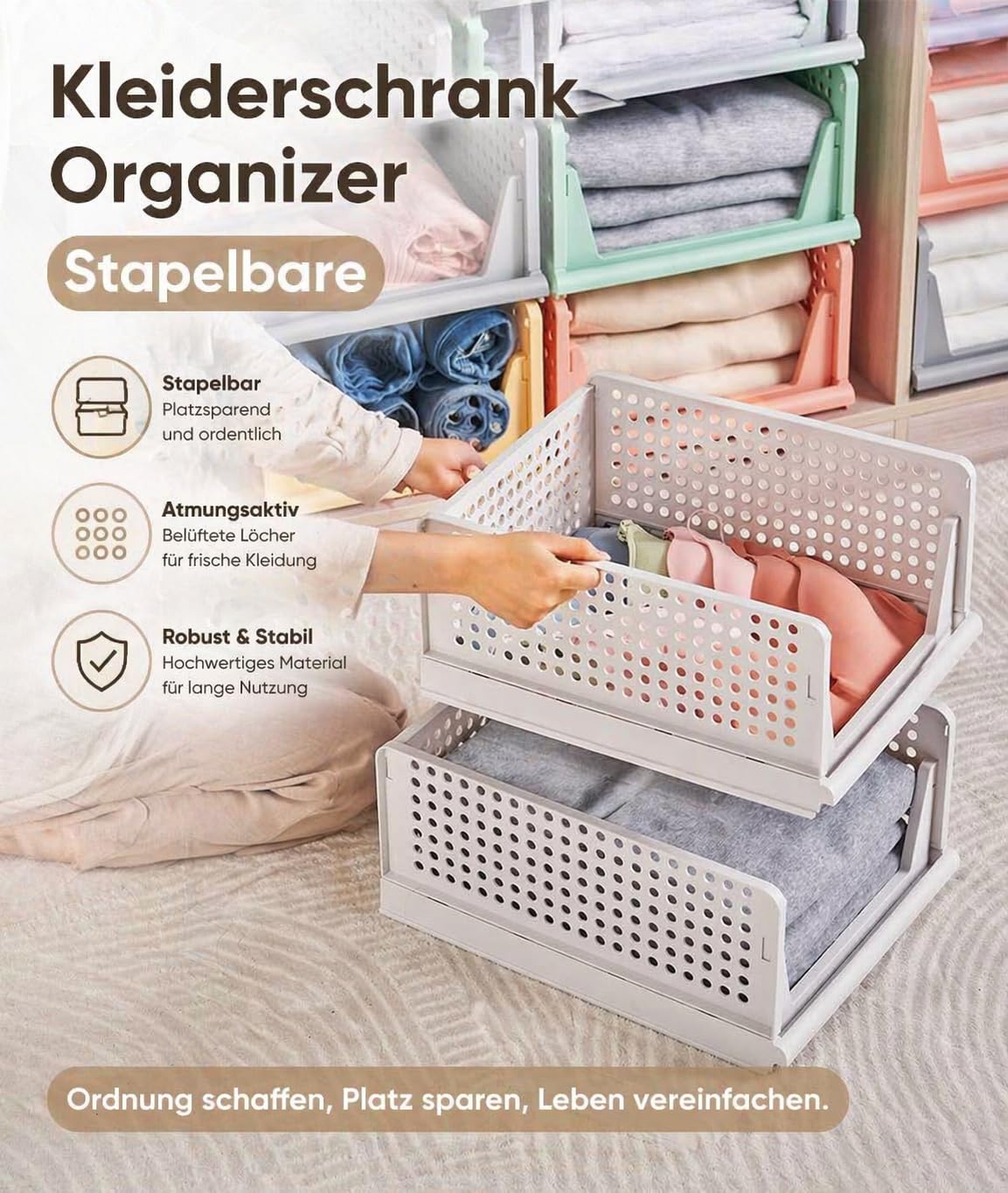 RMAN Zestaw 4 organizery do szafy na ubrania składane organizery na ubrania do sypialni, garderoby, 43 x 33 x 72 cm, białe | szuflady, organizery szafy, pudełka do przechowywania, kuchnia, łazienka