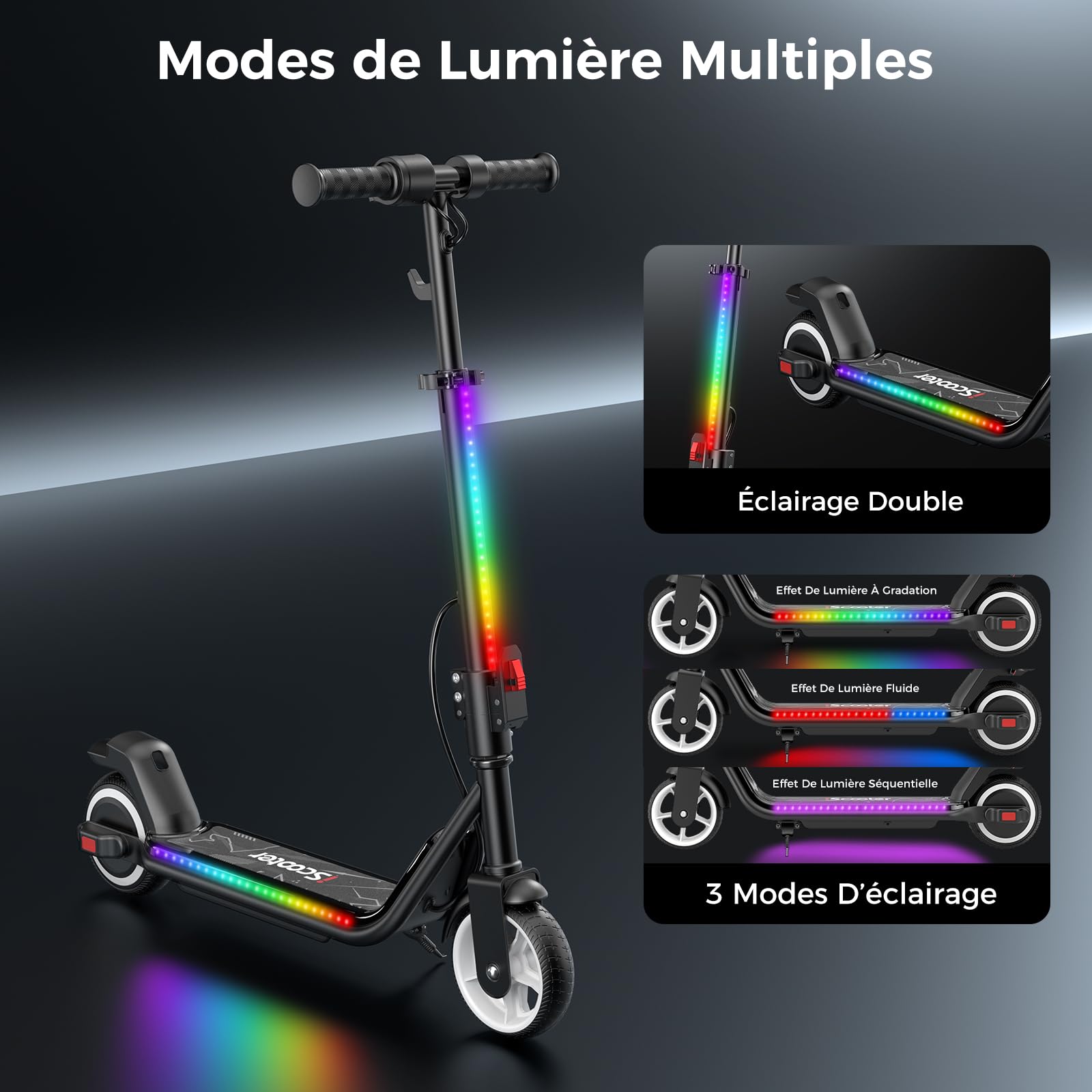 iScooter IK3MAX Trottinette éLectrique Enfant 6,5",Pliable,pour 8-15 Ans,Vitesses 8/13/19 km/h,Autonomie 13km,ÉCran LED,Lumières LED Colorées,Bluetooth,Klaxon,Guidon RéGlable