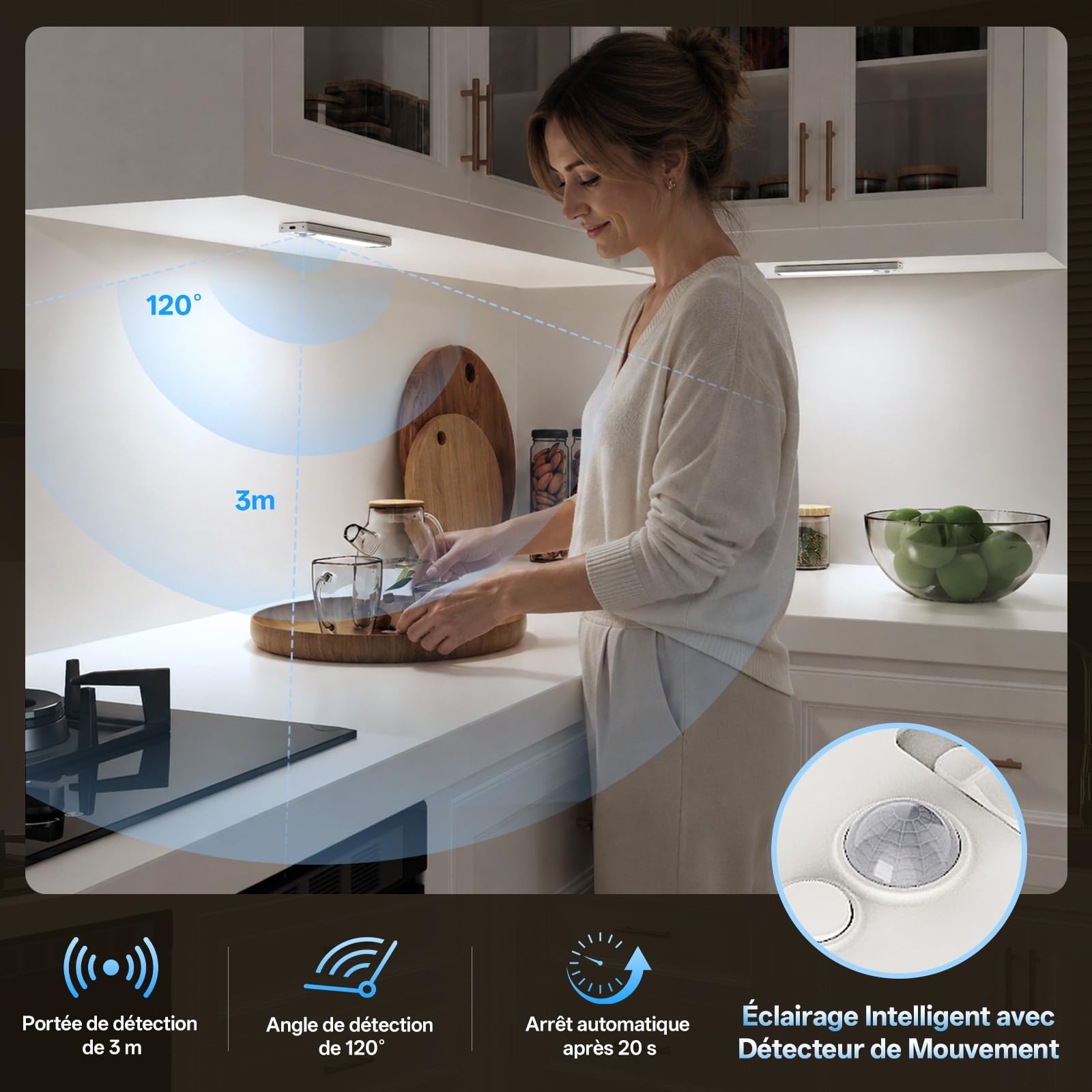 Lampe Led avec Détecteur de Mouvement, Lumière Blanc Froid 6500 K