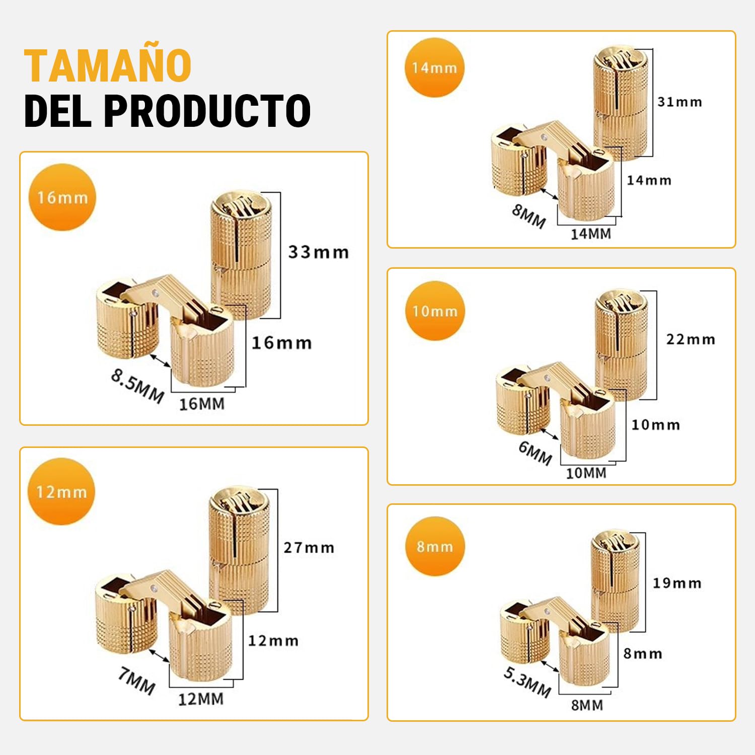 VOBOR Bisagra Barril,4 Piezas Bisagra de Barril Cilíndrico Latón Invisible,Mini Bisagras Ocultas 180°Ángulo de Apertura para Armarios Muebles Cajas de Joyería (10mm)