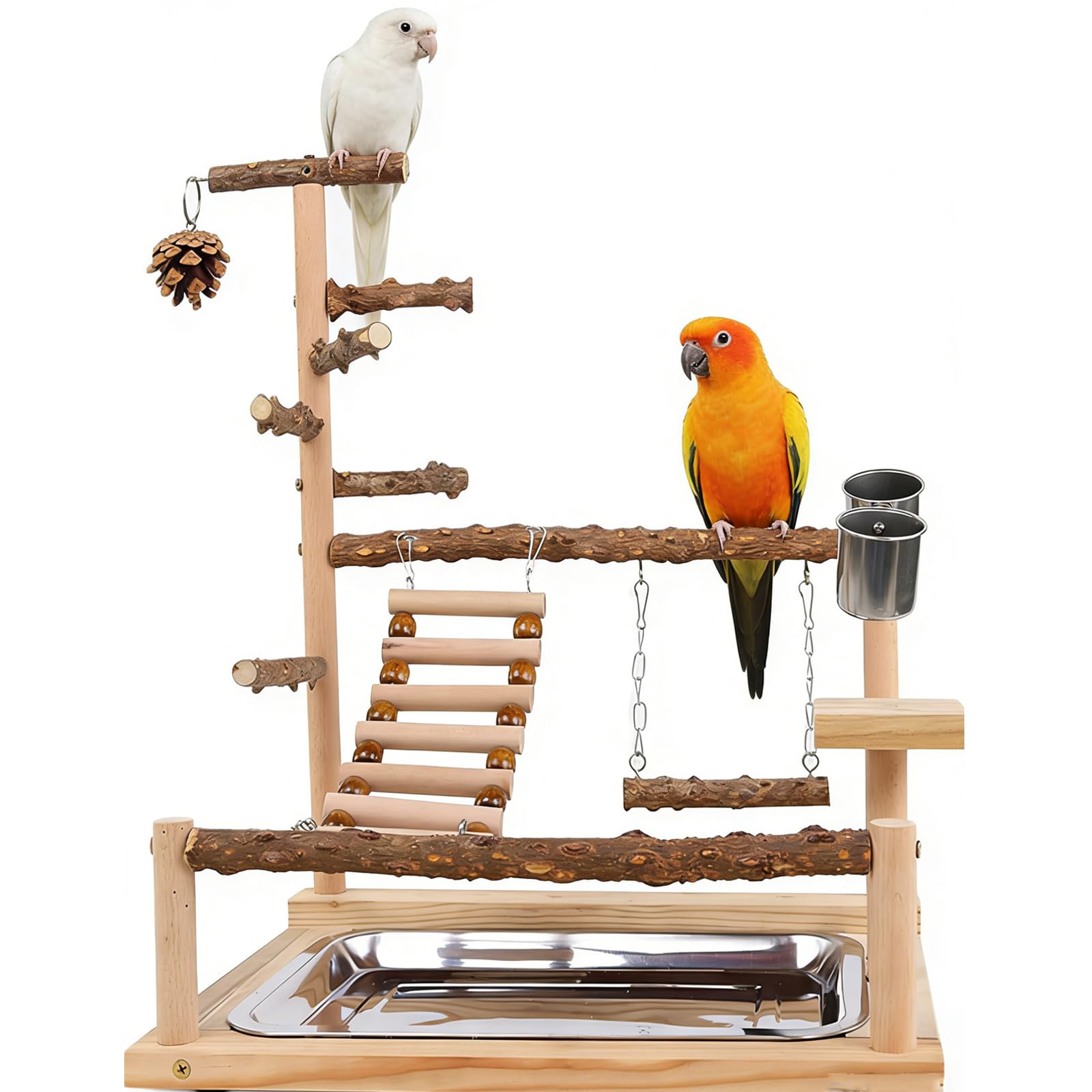 Parco giochi per uccelli in legno naturale, accessori per gabbia per uccelli, posatoi per uccelli, con vassoio rimovibile e 2 tazze in acciaio inox