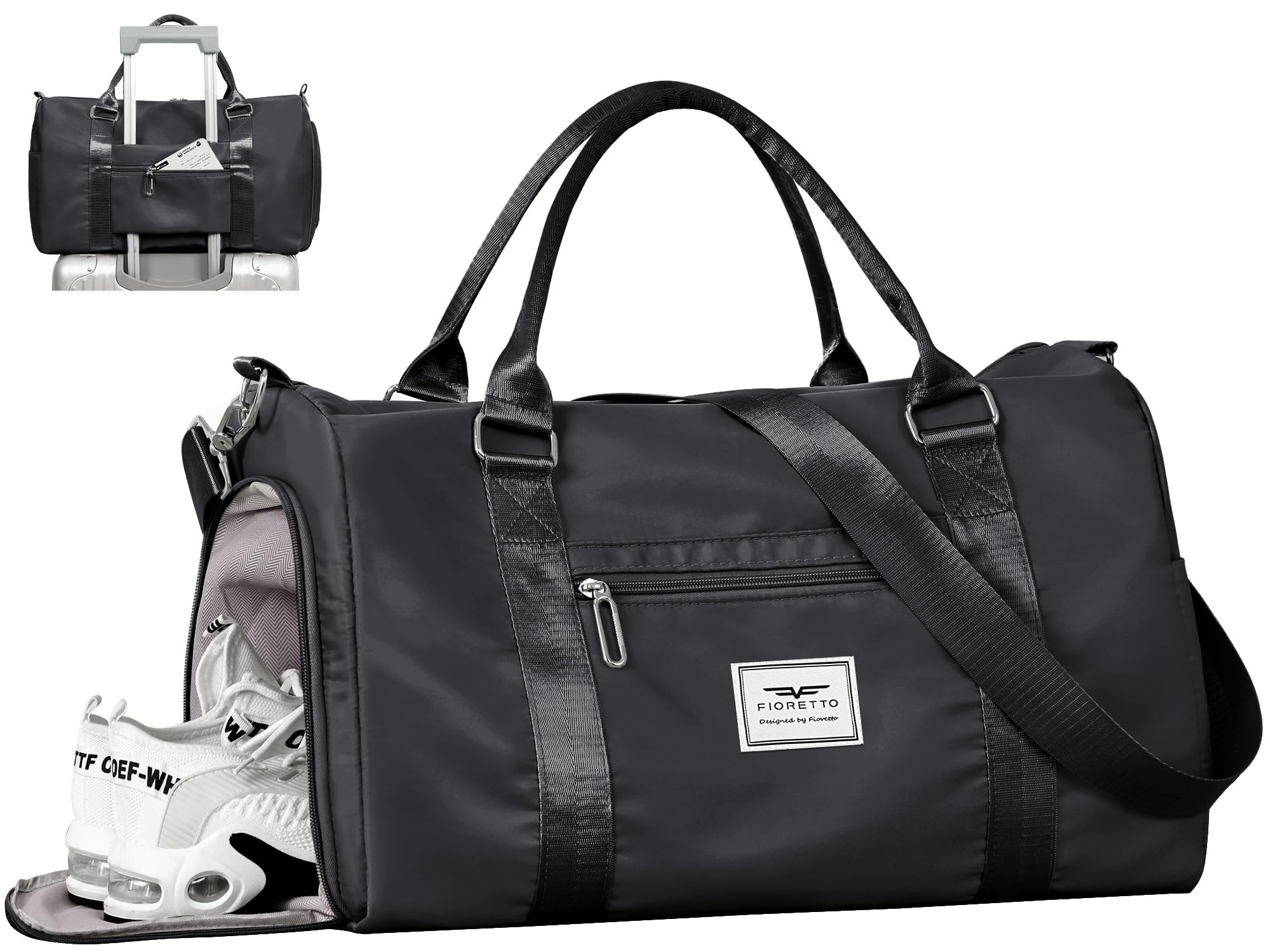 FIORETTO Womens Gym Tote Duffle Bag with Wet Pocket &amp; Shoe Compartment, Sports Duffel Overnight Weekender Hospital Workout Carry on Bag for Girls, Ideal for Travel, Swimming, Dance, Ballet Black