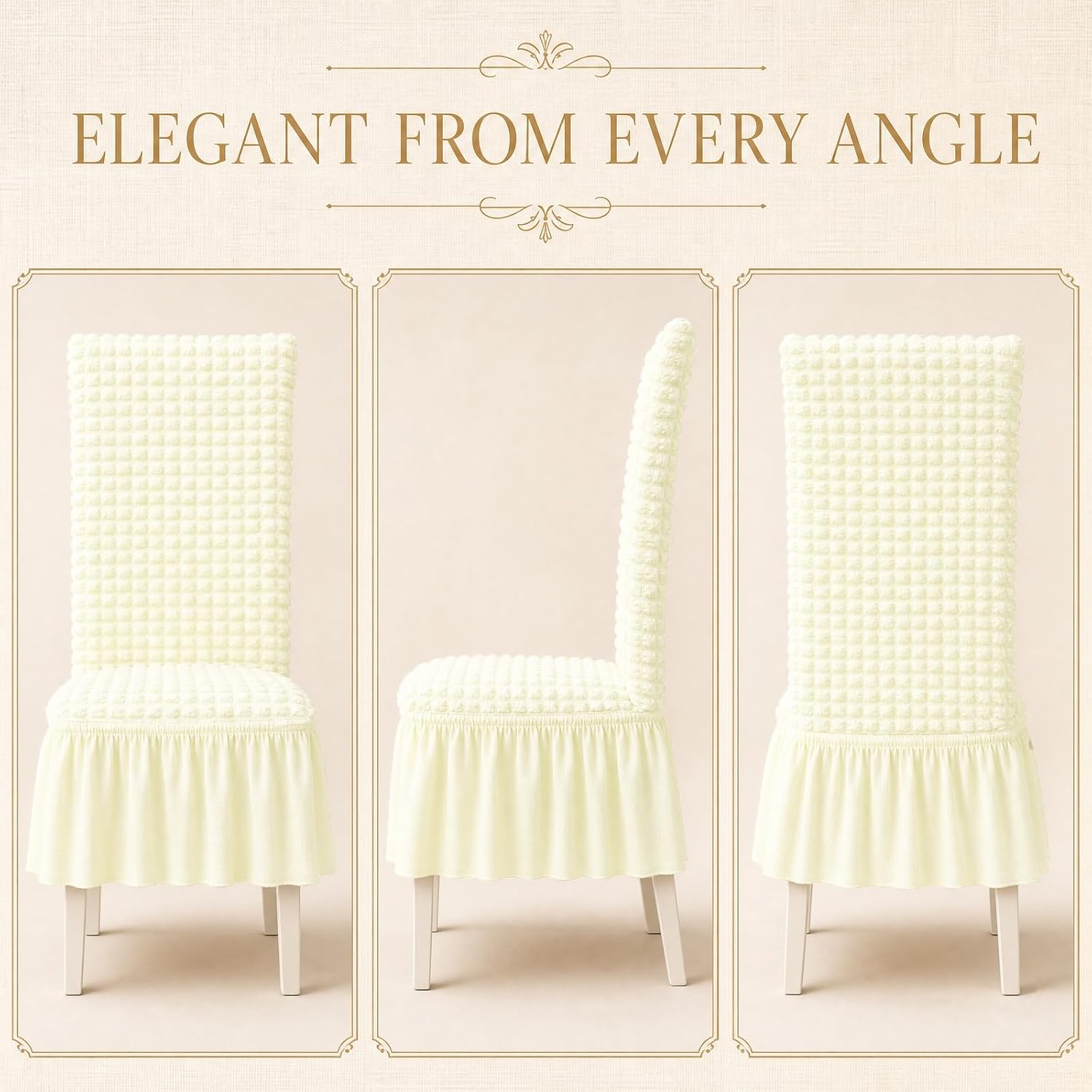Chair Slipcovers with Skirt for Dining Room Set of 6 Cream | Non Slip Washable Reusable, Soft and High Elasticity Kitchen Dining Chair Covers, Country Style for Hotel Home Decor
