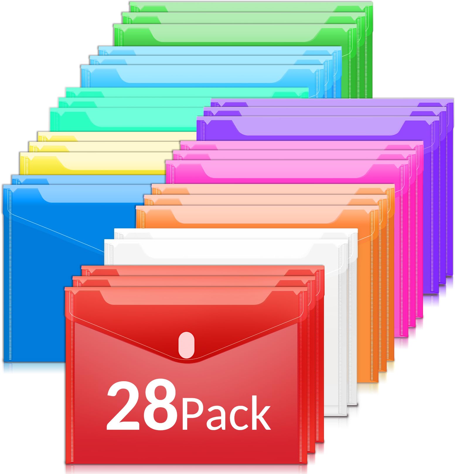 Sooez28 Pack Plastic Envelopes, Plastic File Folders for Documents, Clear School Folder, Colored File Folders Letter A4 Size, Document Organizers Waterproof Poly Envelopes with Closure, 10 Color