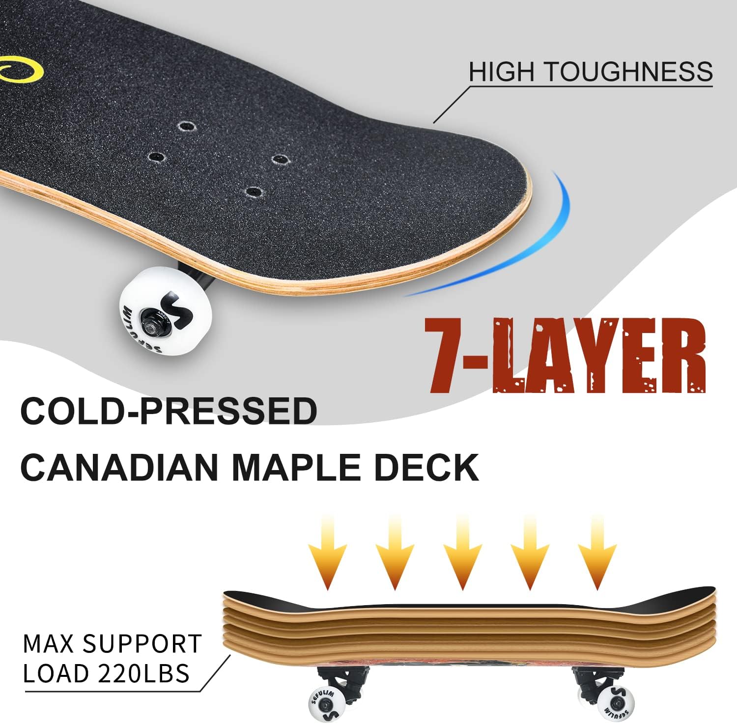 Sefulim 31 x 8 Inch Complete Skateboard 7 Layer Canadian Maple Double Kick Deck Concave Cruiser Trick Skateboard for Boys Girls Teens Adults Beginner