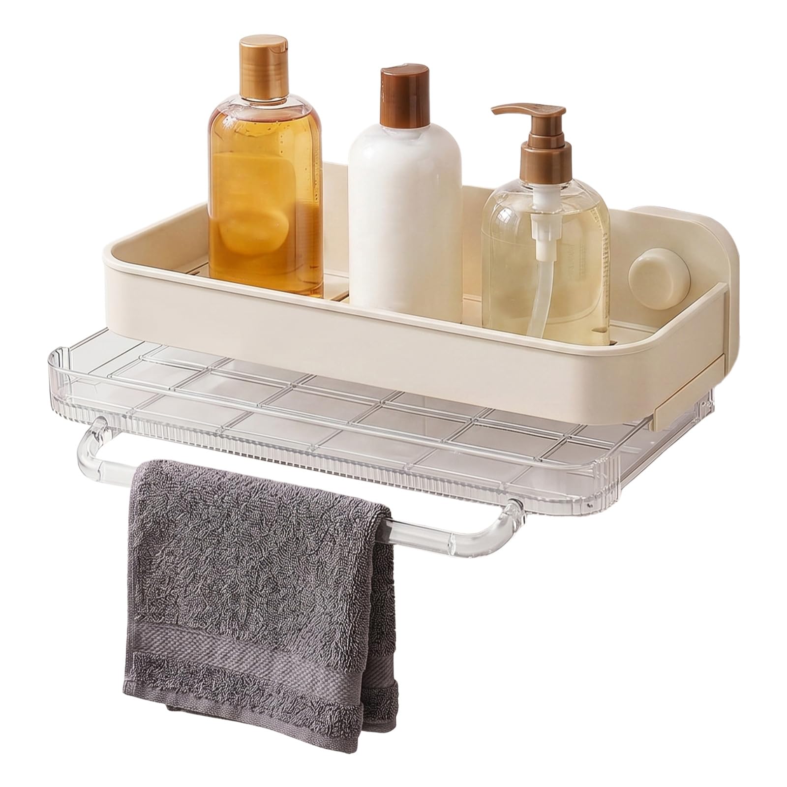 CBWERBB Shower Caddy Suction Cup,No Drilling Waterproof Bathroom Shower Shelves Storage Basket with Towel Bar and Drip Tray,Removable Bathroom Storage Organizer for Soap Shampoo Toiletries
