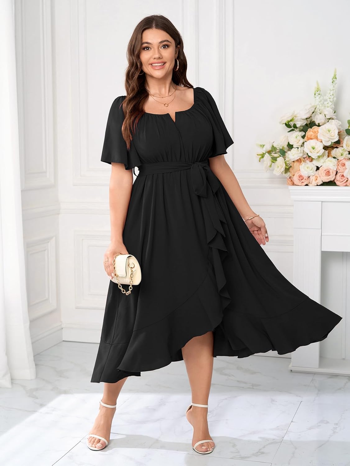 Womens Plus Size Cocktail Midi Dresses Short Sleeve Square Neck Flowy Formal Wedding Guest Dress Off The Shoulder - Image 6