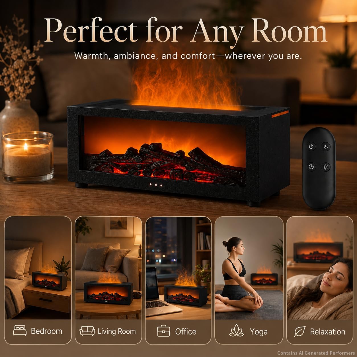 Essential Oil Diffuser, Fireplace Fire Flame Aromatherapy Diffuser, 150ml Ultrasonic CoolMist Humidifier, Scent Aroma Diffuser with 7Colors Light. Timer & Auto-Off for Home