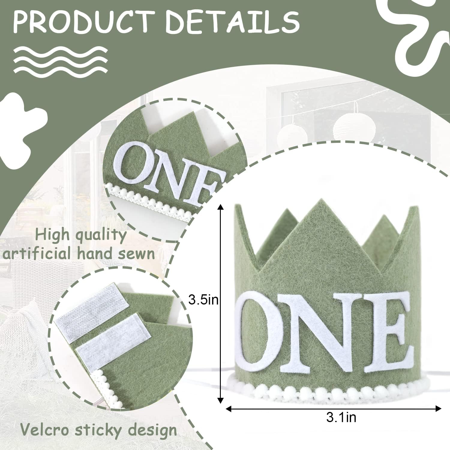 Miniatura 2 de WAUAO Corona de primer cumpleaños verde oliva, traje de primer cumpleaños para niño, sombrero de primer cumpleaños verde oliva, sombrero de bebé