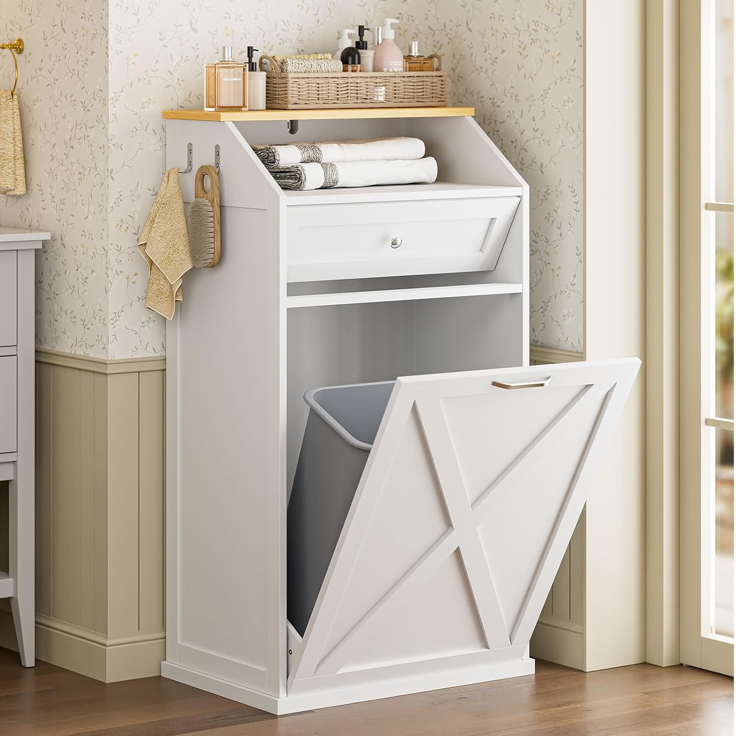 gazhome 13 gallon tilt out trash cabinet, upgrade wooden recycling cabinet with flip door,white
