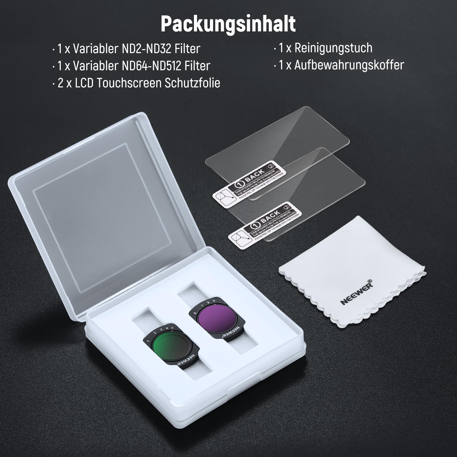 NEEWER Variables ND 2-32 & 64-512 Set kompatibel mit DJI Osmo Pocket 3 / Pocket 4 / Xtra Muse, Neutraldichtefilter für Action Kameras mit begrenzter Blendenstufe & 2 Displayschutzfolien als Zubehör