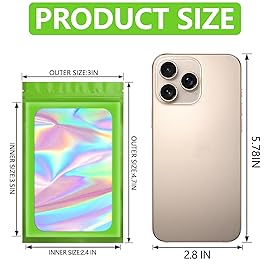 Funfery 100 pcs Green Smell Proof Mylar Holographic Bags Packaging Bags,Clear Resealable Odor Proof Bag Foil Pouch Bag for Food Storage,Lipgloss,Jewelry,Eyelash Packaging for Small Business(3x4.7In)