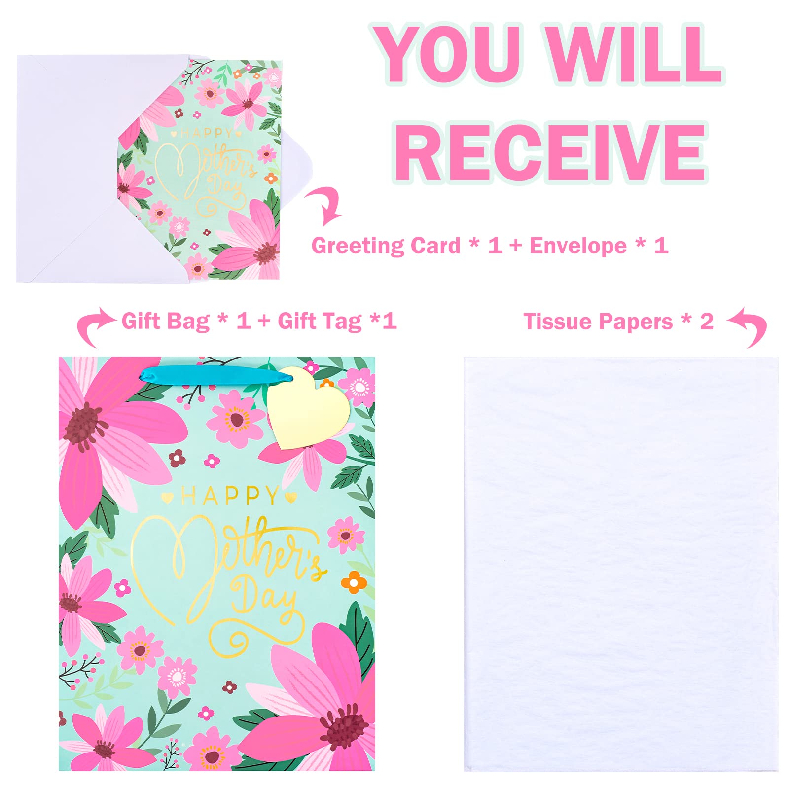 WRAPAHOLIC 13" Large Mother's Day Gift Bag with Card and Tissue Paper - Floral & Gold Foil Happy Mother's Day Lettering