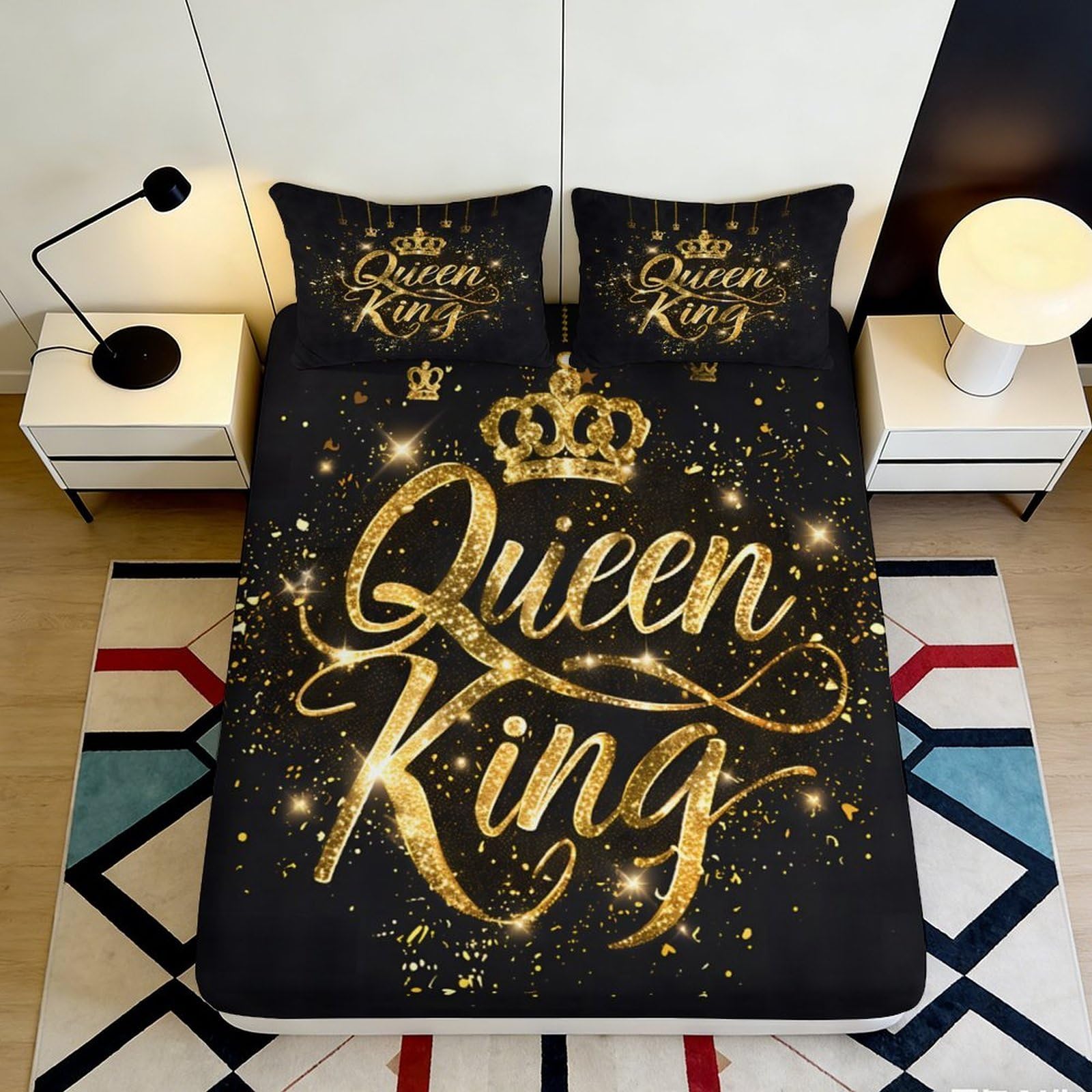3D Printed Gold Crown Queen King Fitted Sheet Microfiber Black Bed Cover for Bedroom Guest Room Decor 90x200x25cm