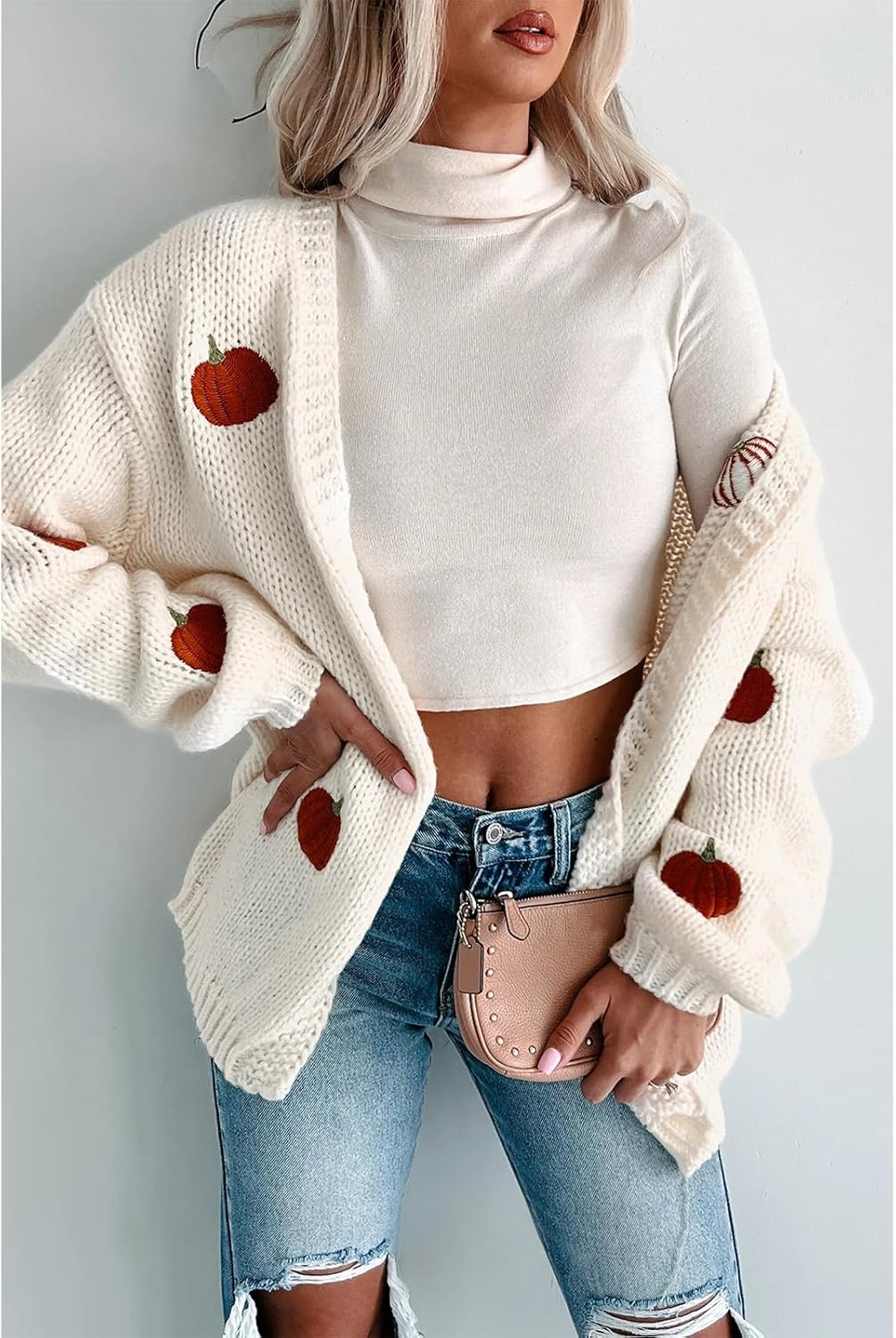 Women's Halloween Pumpkin Knit Cardigan Long Sleeve Open Front Knitted Sweater Fall Outwear Coat Tops - Image 4