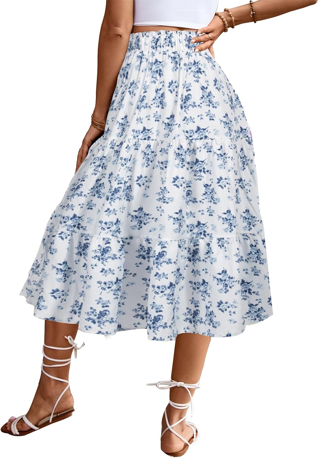 MSLG Women's High Elastic Waist Midi Skirt Casual Summer Trendy Tie Front Flowy Ruffle Floral Print A line Skirts 626 - Image 4