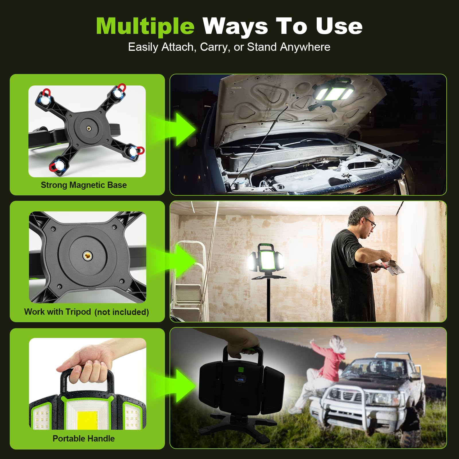 SideKing Projecteur LED Rechargeable 3000LM - Cadeau Fête des Pères, Lampe Chantier 4400mAh, Rotation 360°Base Magnétique, Pliable, IP65 Étanche, Projecteur LED Chantier pour Atelier, Camion