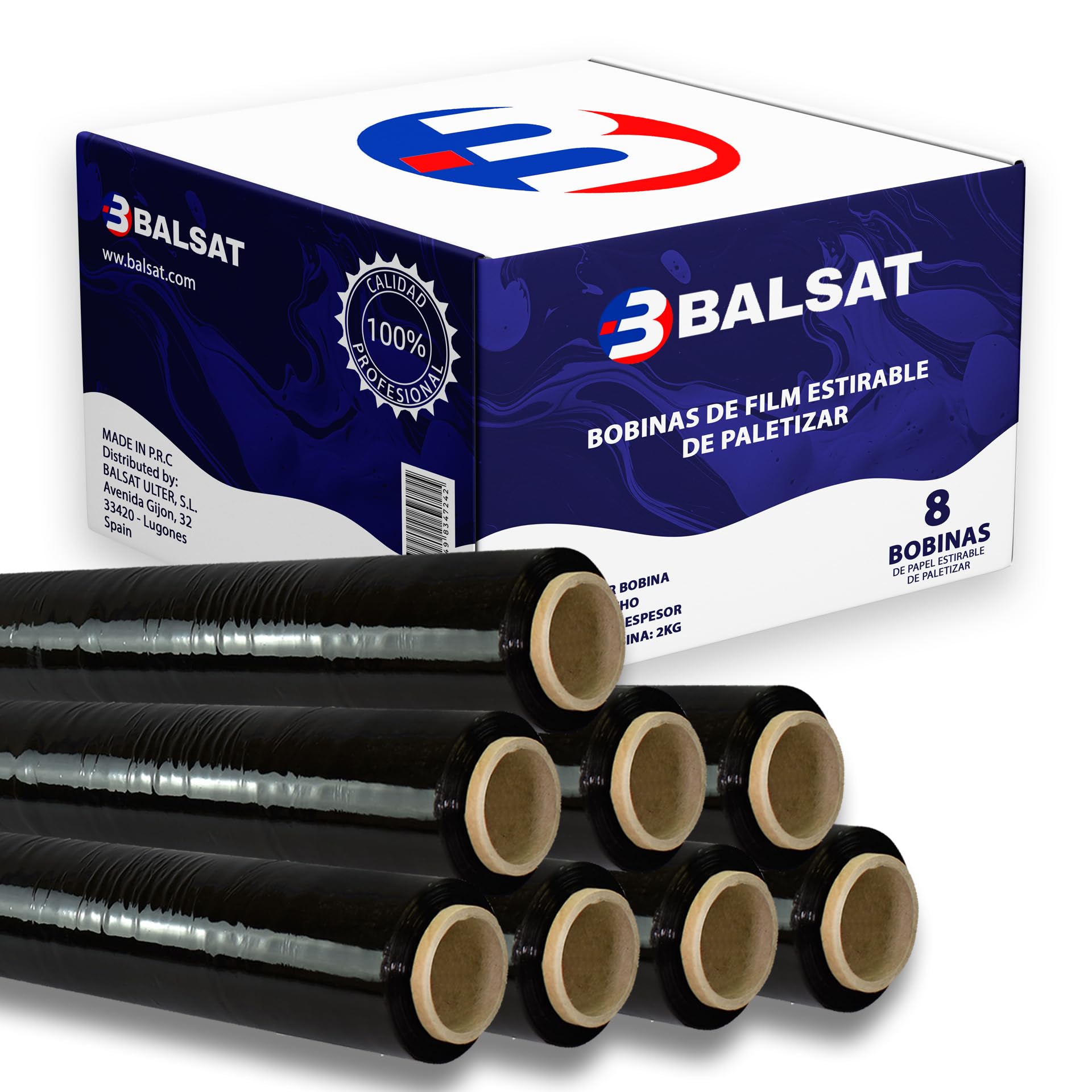 BALSAT | 8 Bobinas de film estirable de paletizar | Paquete ahorro de 8 Bobinas | Negro o Transparente | Calidad profesional | Ancho de bobina 50 cm | 23 My (Negro)