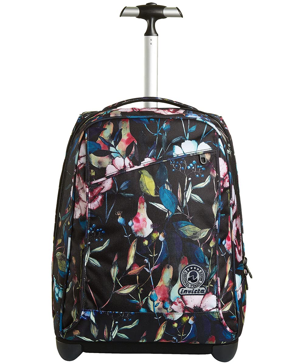 Invicta Zaino con ruote, WILDFLOWERS, 2 in 1, Zaino + Trolley, Ragazze e Ragazzi per Scuola, Sport, Tempo libero, Borsa per computer portatile, Nero