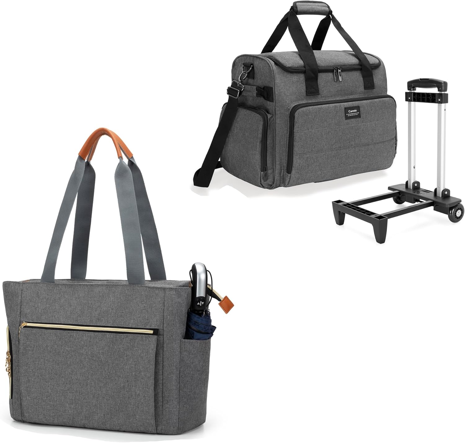 CURMIO Large Grey Teacher Work Bag with Scalable File Organizer, Bottom Support Board, Cup Holder, Laptop Compartment, 7 Pockets, Unisex Adults Tote for Teachers