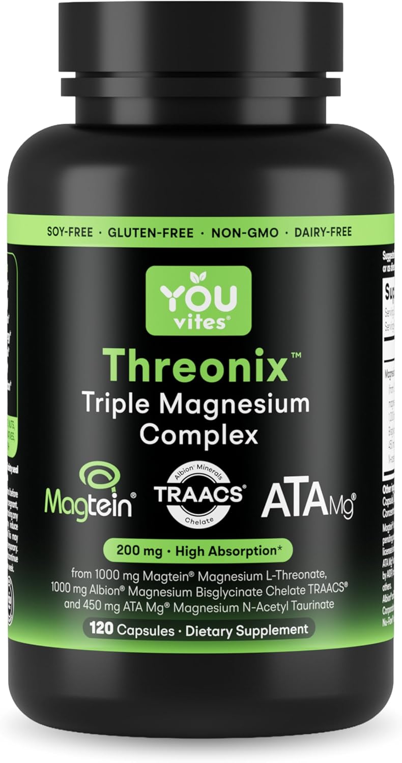Threonix Triple Magnesium Complex - 200 mg Magnesium from 2450 mg of Magtein L-Threonate, Bisglycinate Chelate TRAACS & ATA Mg - Brain, Sleep & Mood Support - High Absorption - 120 Capsules