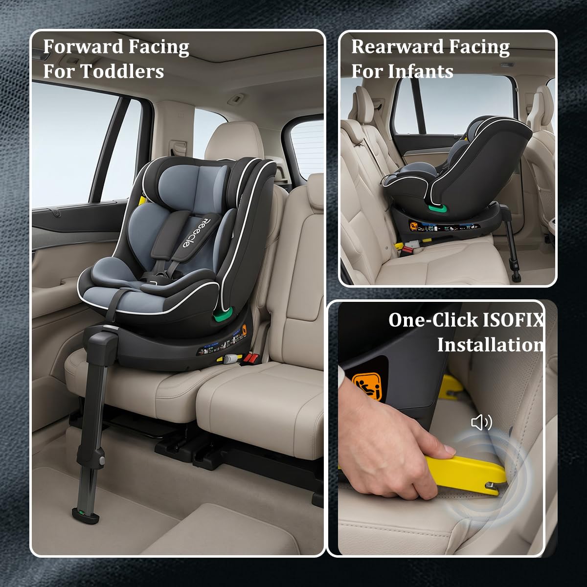 Reecle Siège auto pivotant 360°, I-Size 40-150 cm, dès la naissance jusqu'à 12 ans environ, Groupe 0+/1/2/3, 0-36 kg, Fixations isofix, jambe de force (Noir)