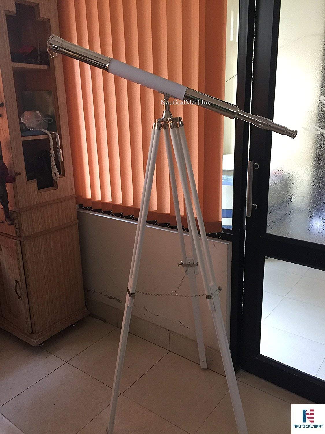 NAUTICALMART Nautical Harbor Master Floor Standing Telescope Brushed Nickel/White Leather with Tripod Stand 60