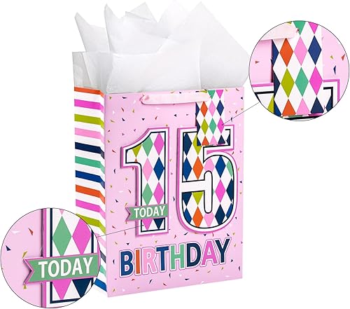 Miniatura 8 de Loveinside Bolsa de regalo de cumpleaños rosa con papel de seda, etiqueta de regalo y tarjeta de felicitación para cumpleaños, fiestas, baby shower