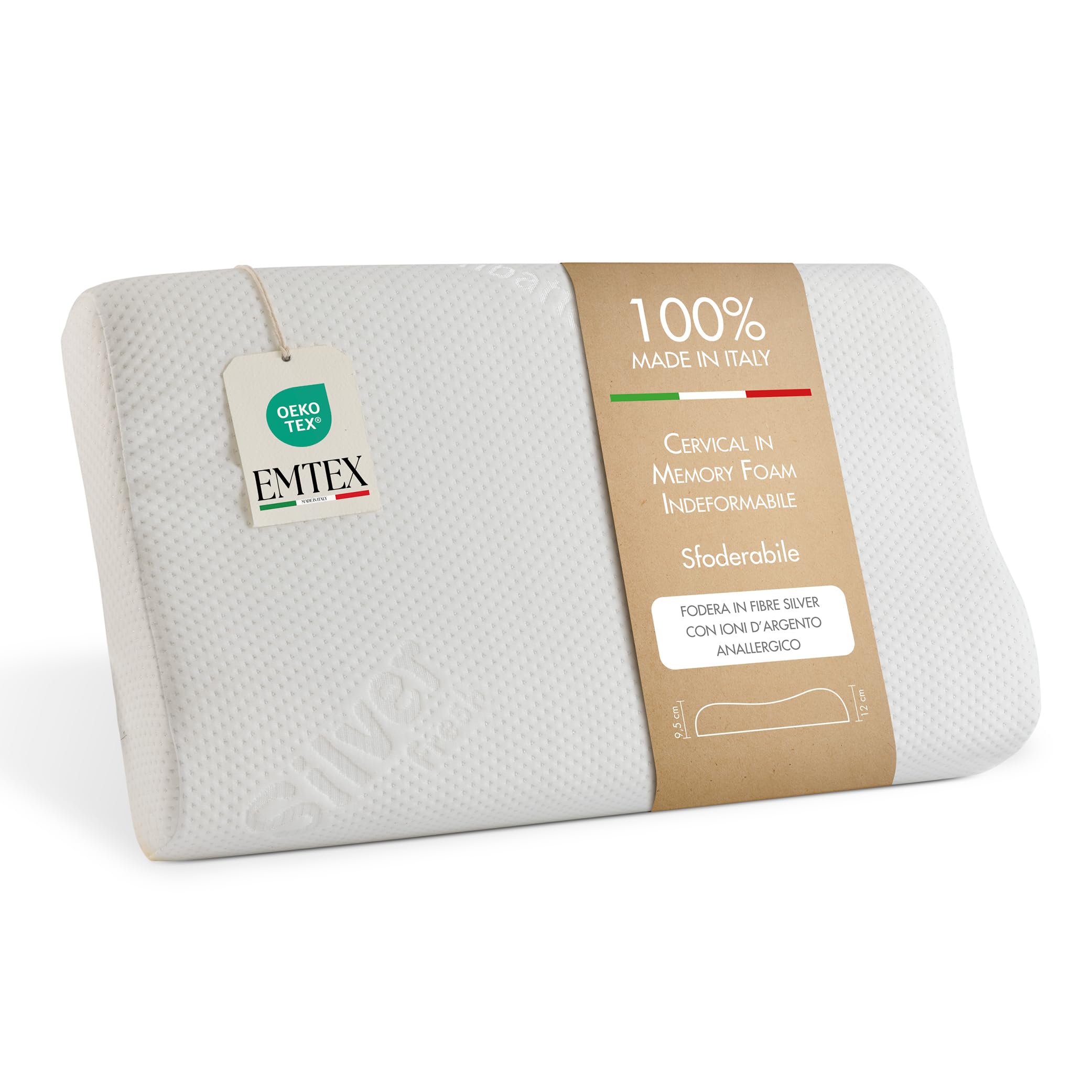 EMTEX Cuscino Cervicale Anallergico Memory Foam Sfoderabile Guanciale Silver Antibatterico Antiacaro Supporto Anatomico Made in Italy.